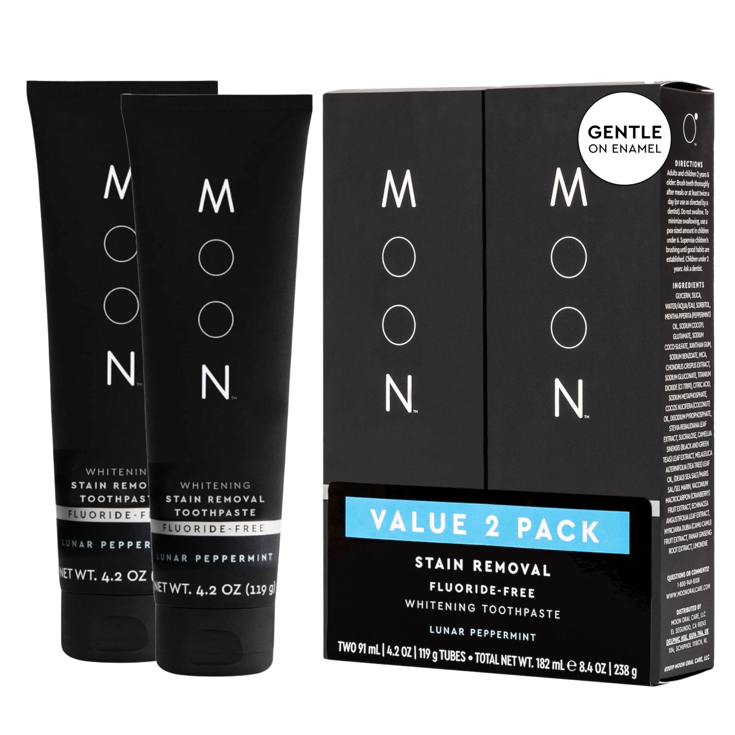 MOON Stain Removal Whitening Toothpaste, Fluoride-Free, Lunar Peppermint Flavor for Fresh Breath, for Adults 4.2 oz (2 Pack)