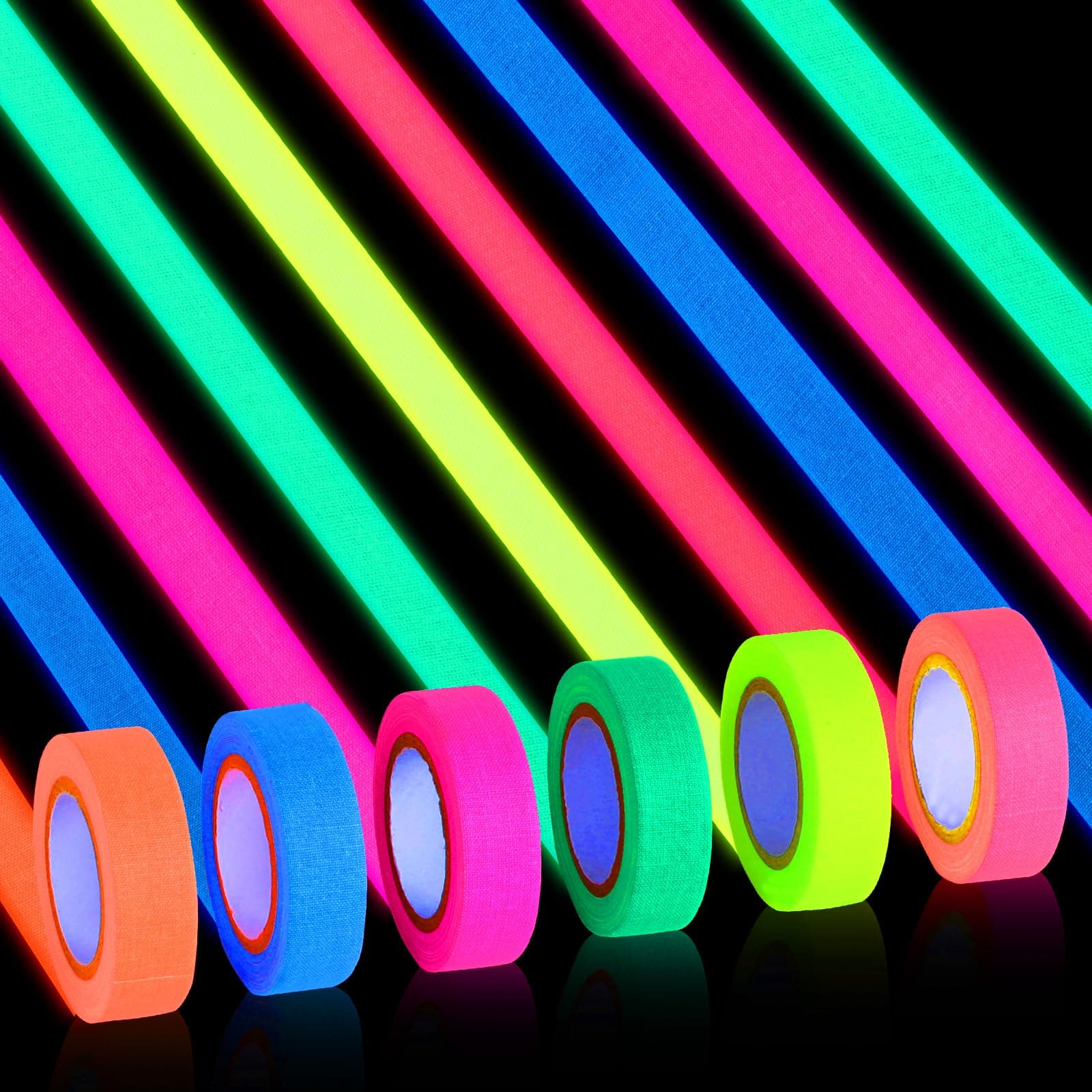 6 Fluorescent Adhesive Tapes, 15mmx5m Luminous Colored Masking Tape, Glow in the Dark Neon Fluorescent Gaffer Cloth Tape for Stage Wall Decorative, Lighting Party Supplies