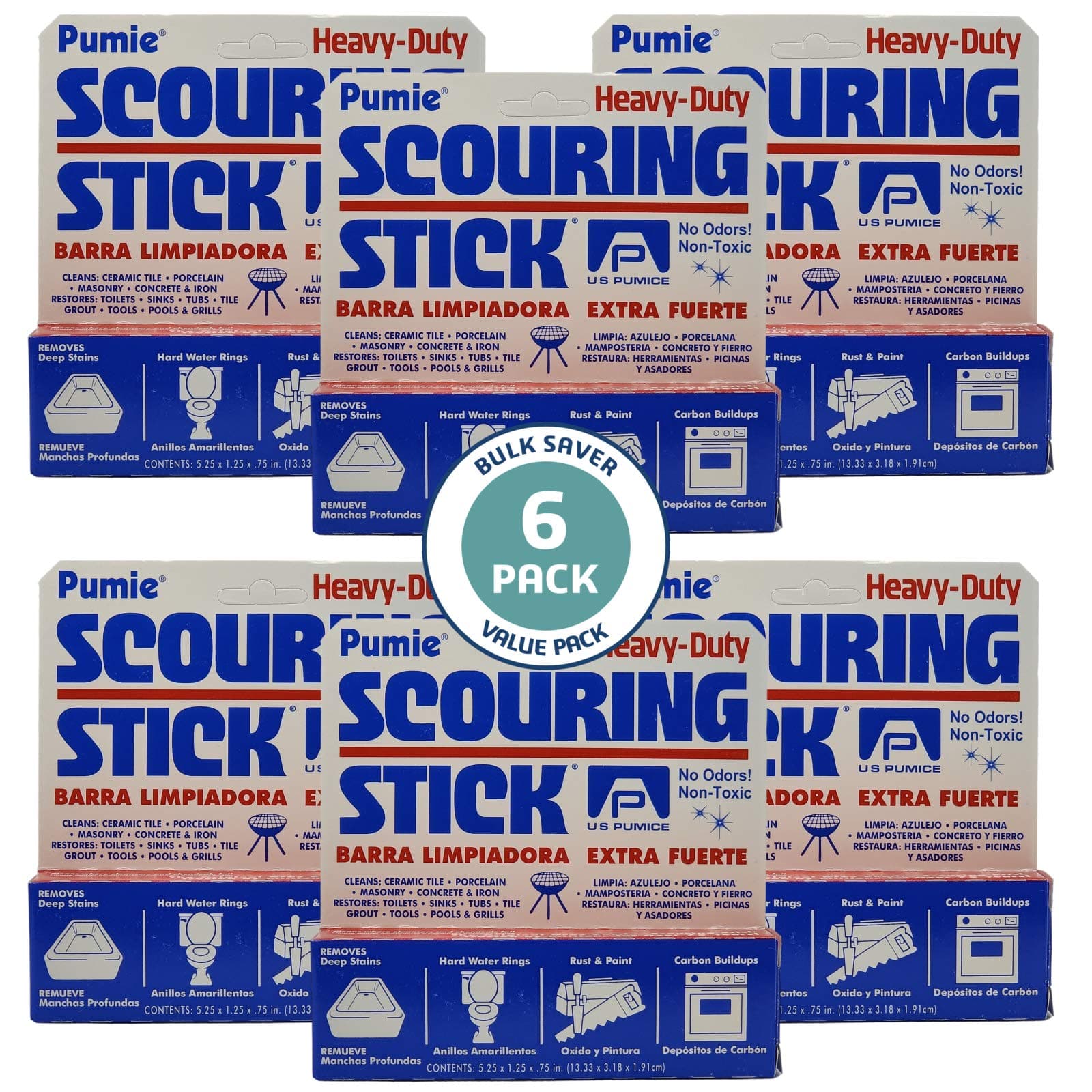 6-Pack PUMIE HDW Scouring Stick for Toilet Bowl Cleaning, Cleans Toilet Bowl Hard Water Rings, Buildups, Rust & Tough Stains, Perfect Pumice Stone for Cleaning Bathtub, Pools, Kitchens, Sinks & Grills