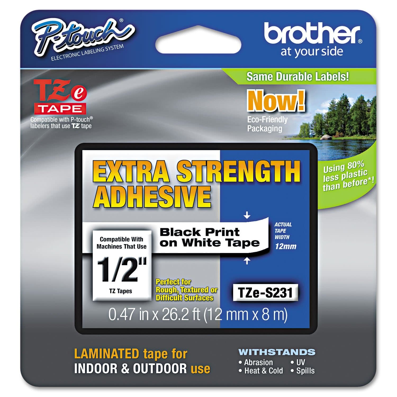 Brother TZES231 - TZE-S231 LAMINATED TAPE M 8M 8M - BLACK ON WHITE EXTRA-STRONG