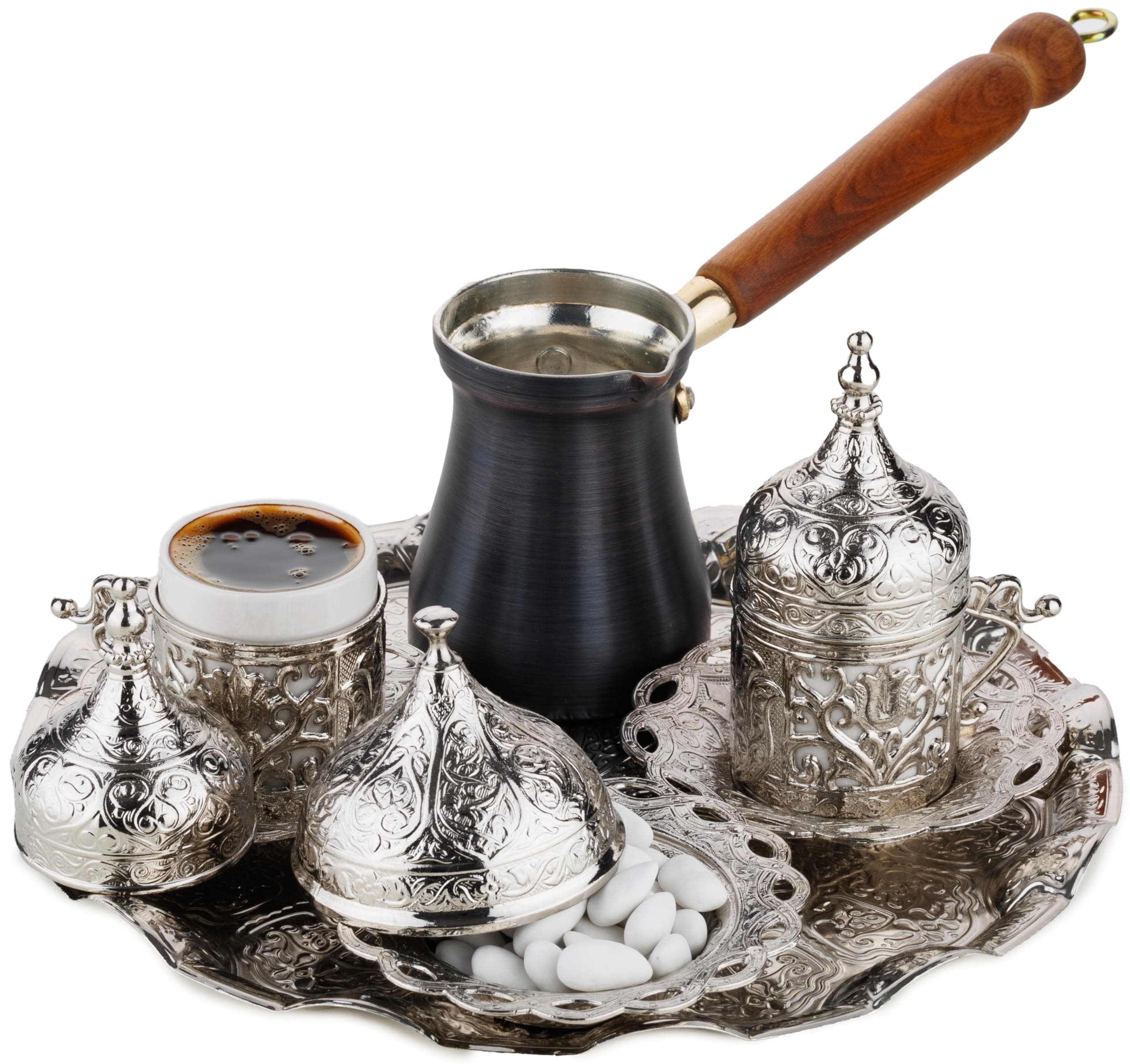 DEMMEX Turkish Greek Arabic Coffee Making and Serving Full Set with Cups Saucers Lids Sugar Bowl Tray and Copper Coffee Pot, Hand Decorated with Gold Crystals, 12 Pcs (Silver)