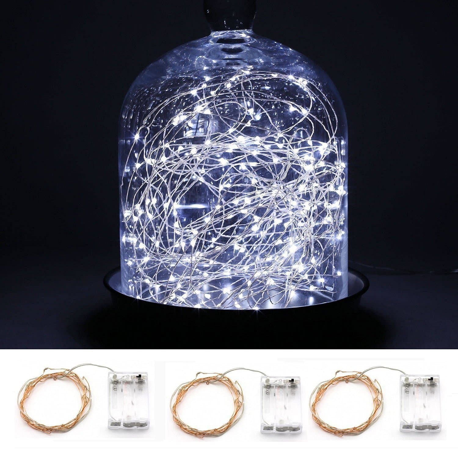 Yizhou Pack of 3 sets 3M/9.8ft 30LED Daylight White Copper String Light 3AA Battery Powered Outdoor LED Copper Wire String lights for Christmas festival, Wedding, Party Decoration
