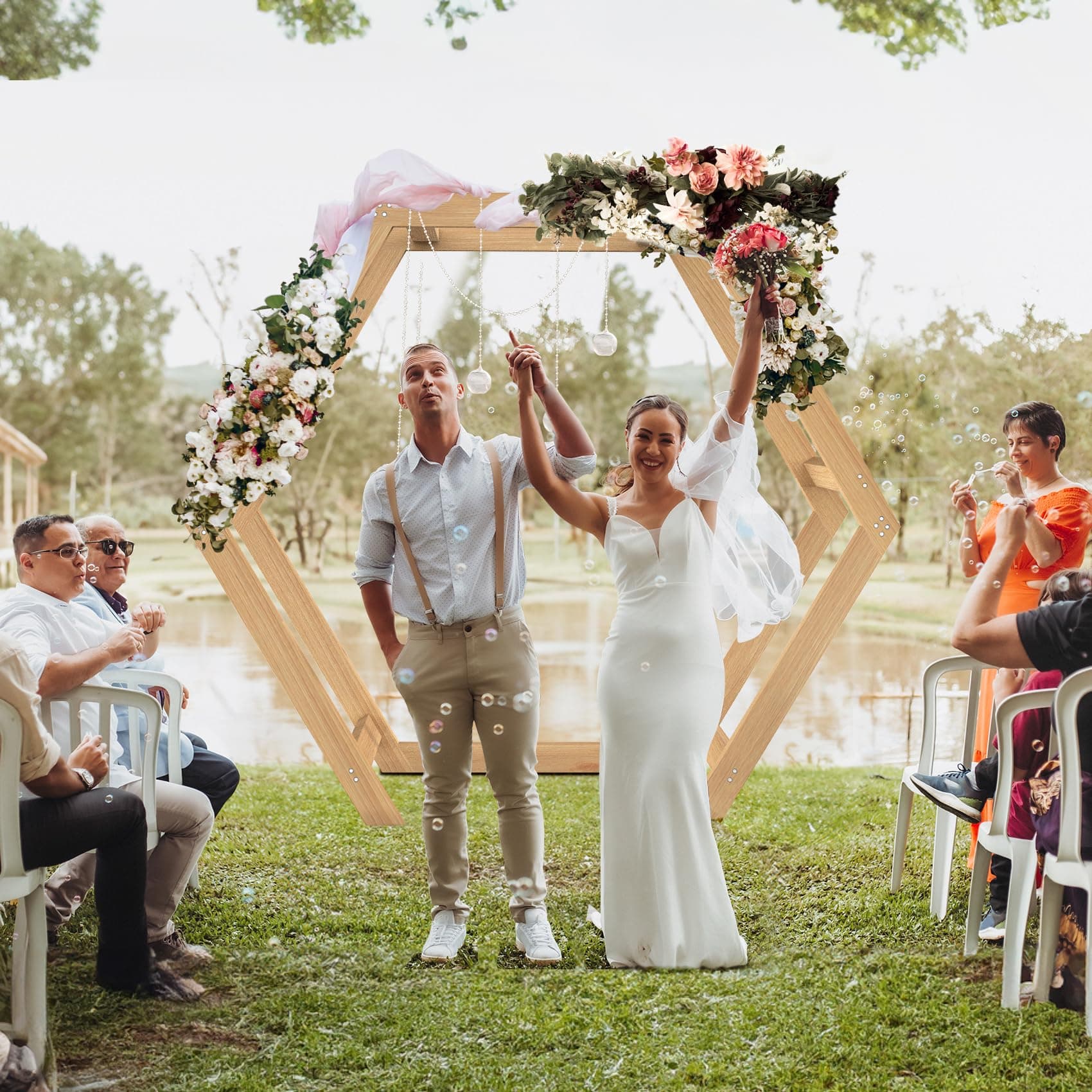 Wedding Arch 7.2FT, Double Hexagon Wedding Arches for Ceremony, Wooden Wedding Arch, Wedding Arbor Backdrop Stand for Garden Wedding, Parties, Indoor, Outdoor, Rustic Decorations