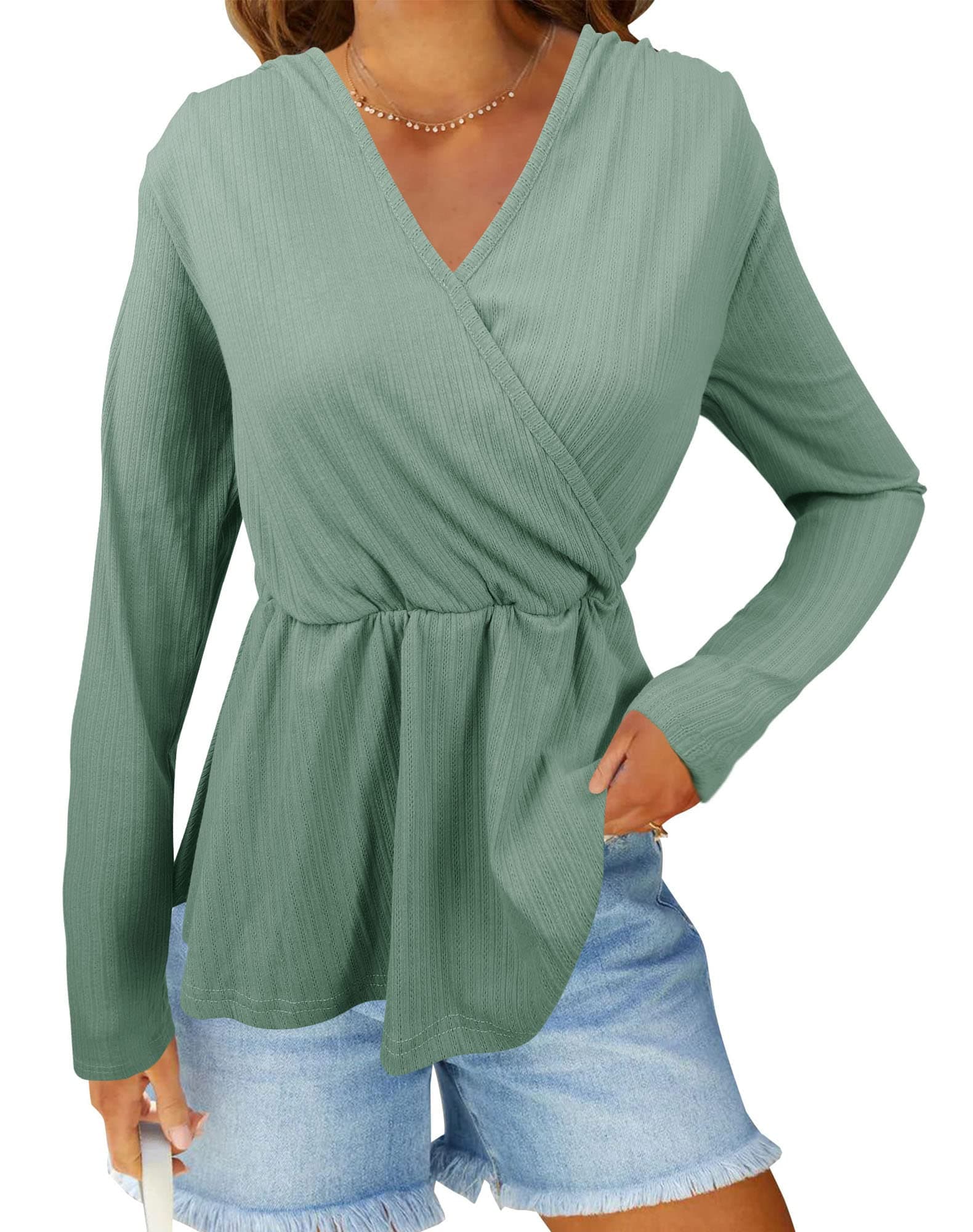 VivitulipWomen's Long Sleeve V Neck Blouse Front Wrap Ruffle Hem Peplum Tunic Lightweight Basic Fall Tops
