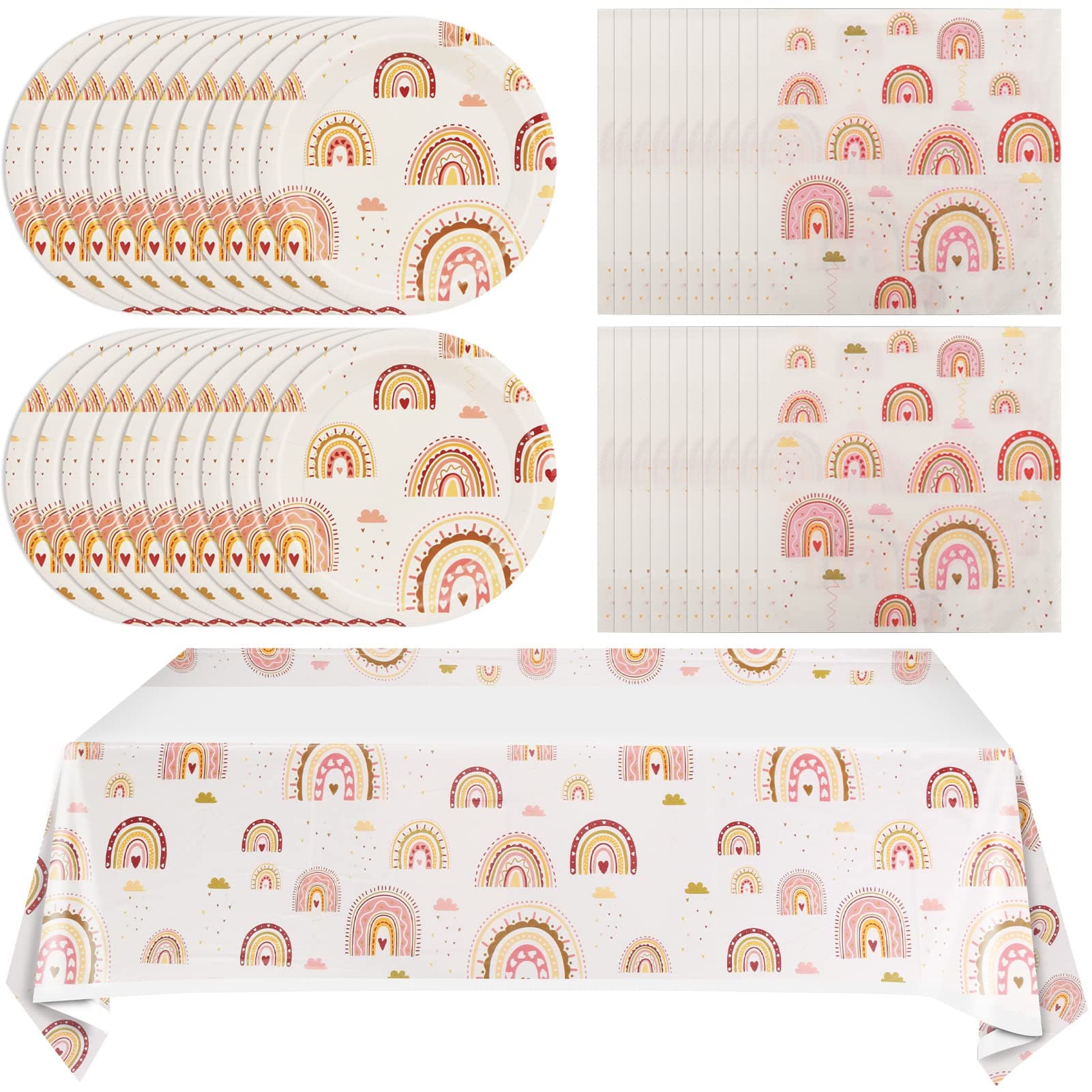Boho Rainbow Baby Shower Tableware Set - Rainbow Party Supplies Including Paper Plates, Napkins, Tablecloth for Boho Birthday Party & Baby Shower Decorations