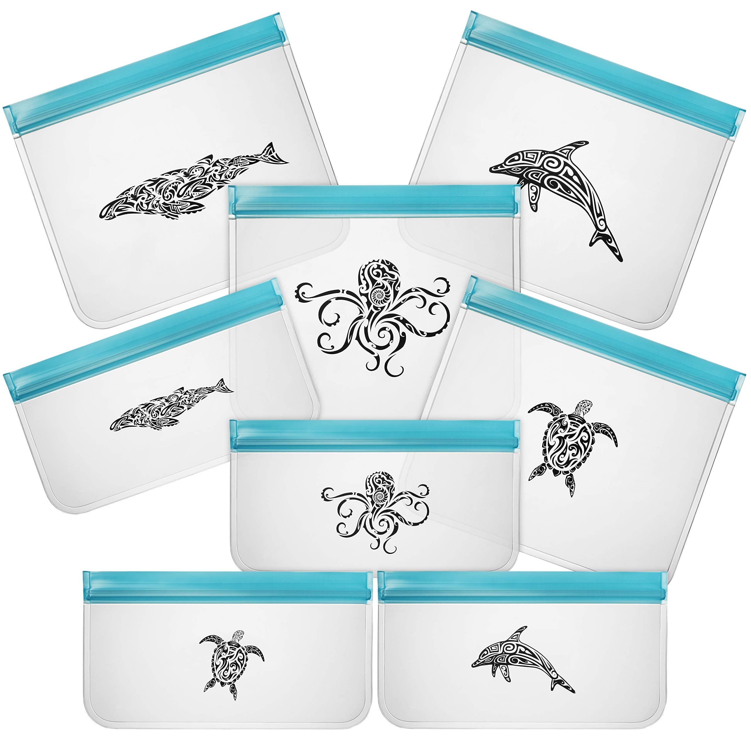 Sunset House Reusable Food Storage Bags - Nature-Safe Rezip Containers for Snacks and Lunch Meals - Leakproof PEVA Baggies for Kitchen Organization and Travel - Tribal Tattoo Designs - 8-Pack, 2 Sizes