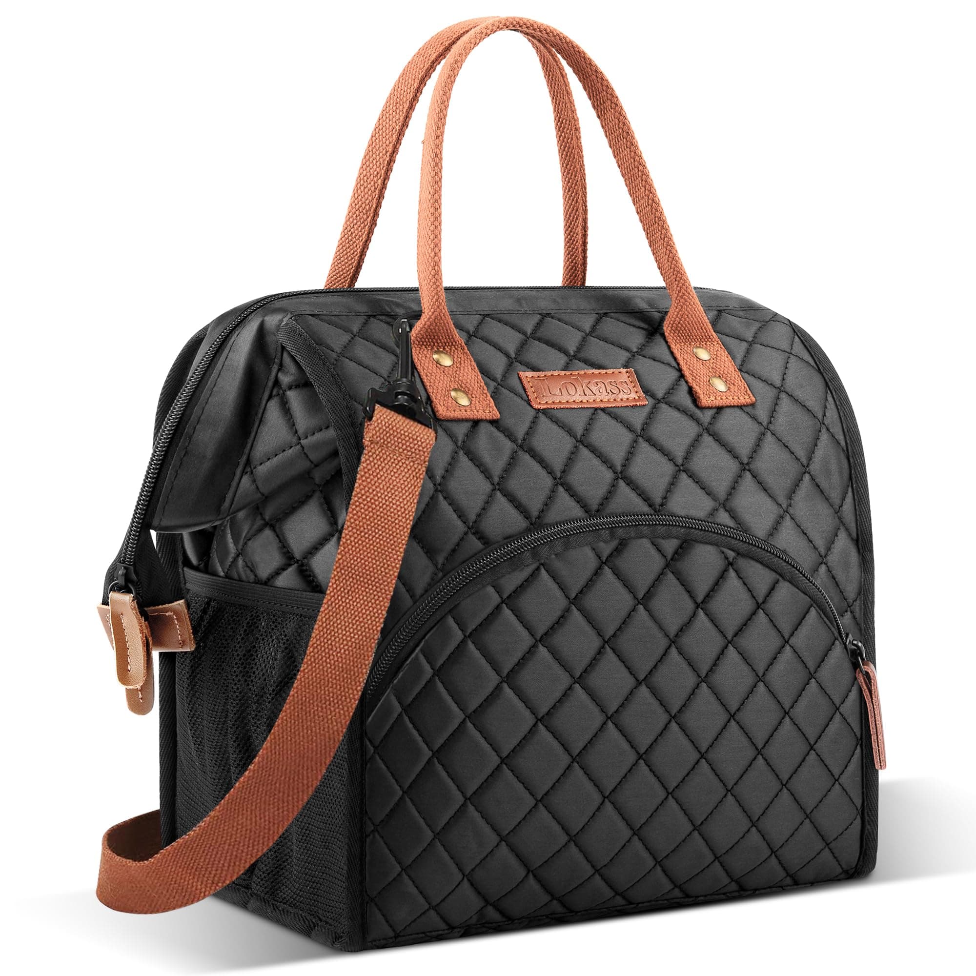 LOKASS Lunch Bag Insulated Lunch Box Wide-Open Lunch Tote Bag with Removable Shoulder Strap for Women/Men Adults Work Picnic Hiking Beach Fishing(Black)