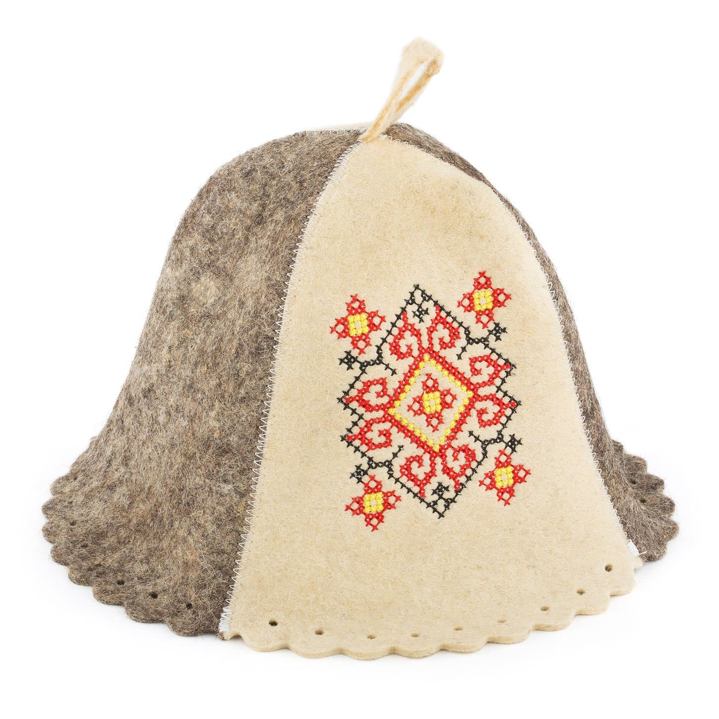 Wool Sauna Hat Embroidered Ukrainian ornament Red