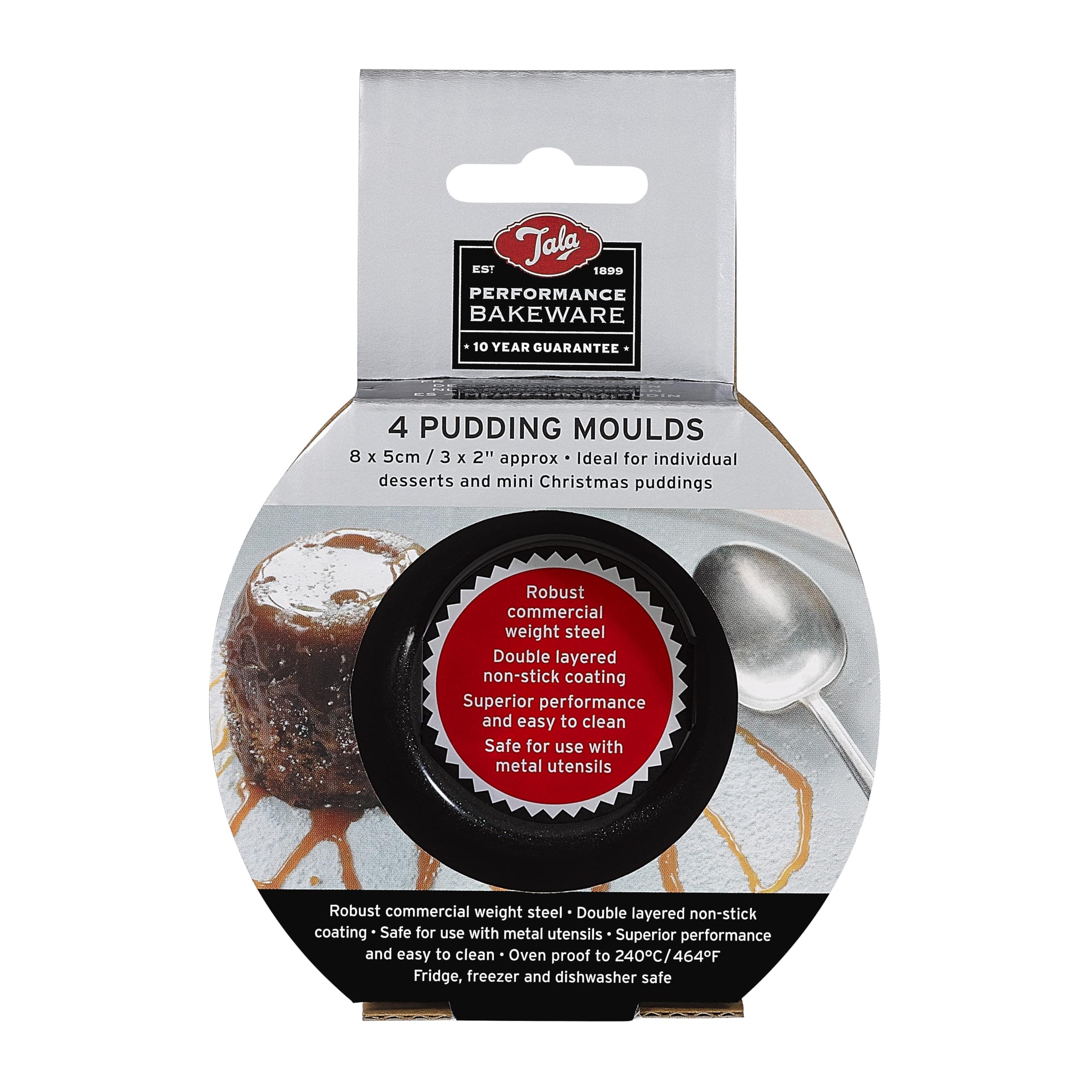Tala Performance 4 Mini Pudding Moulds, 9.2x9.2x5.06 cm, made from Professional Gauge carbon steel with Eclipse Premium Non-Stick Coating; Cake Moulds, Ideal for sponge and Christmas puddings