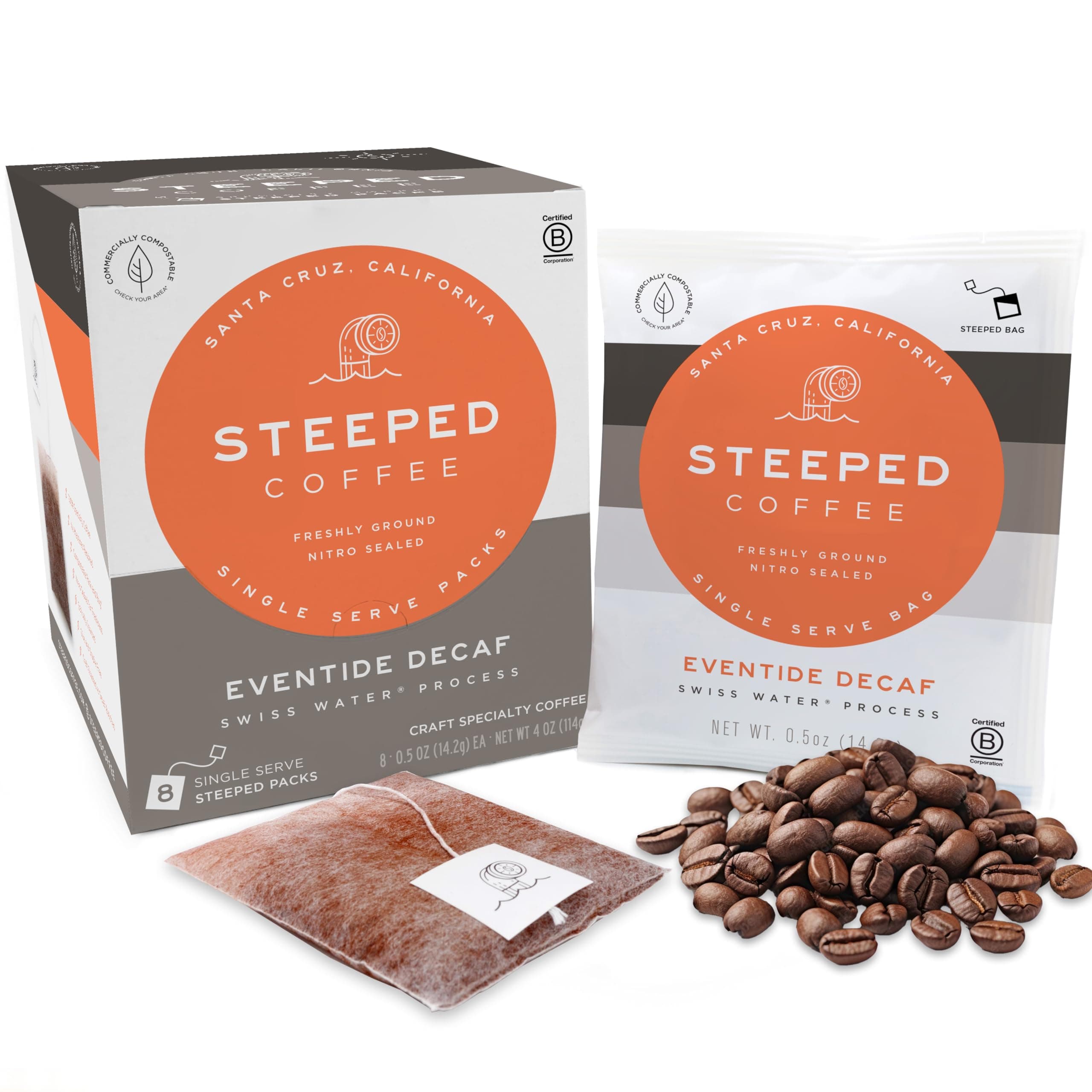Steeped CoffeeSingle-Serve Packs - Just + Water - Direct Trade, Hand Roasted & Freshly Ground, Specialty Grade - Nitro Sealed (Eventide Decaf (Swiss Water Process), 8 Count (Pack of 1))