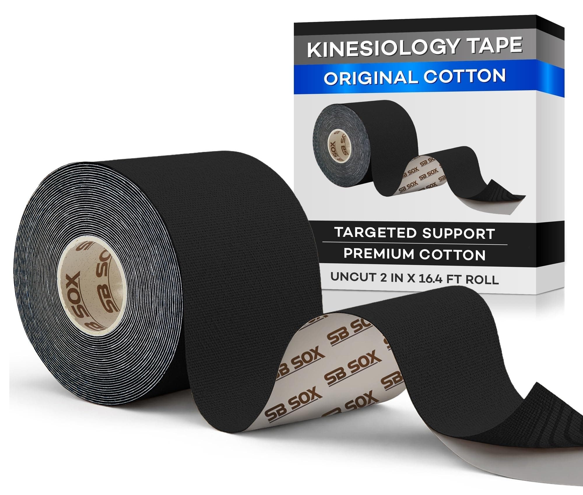 SB SOX Original Cotton Kinesiology Tape Roll – Best Latex Free Athletic Tape for Muscles/Joints – Waterproof, Stretchy, and Gentle on Skin (16ft)
