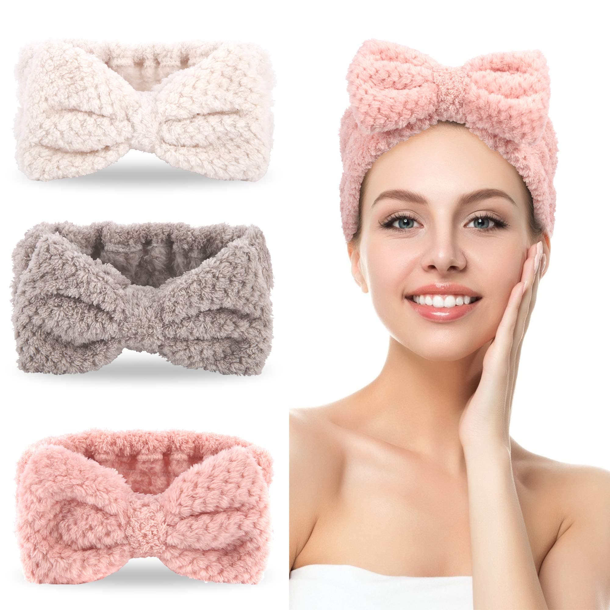 3 Pack Spa Headbands Microfiber Bowtie Headbands for Women for Washing Face, White, Gray, Pink