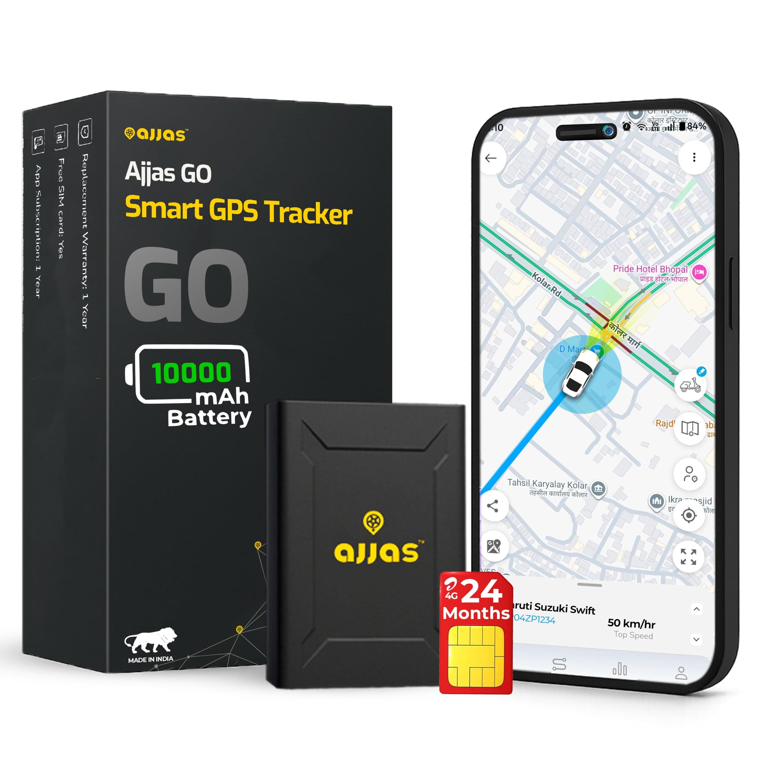 Ajjas GO (with 24 Months 4G SIM Recharge) - Wireless GPS Tracker for Car, Family Vehicles, Scooty or Bag | 10000 mAH Battery | Magnetic Grip | Voice Monitoring