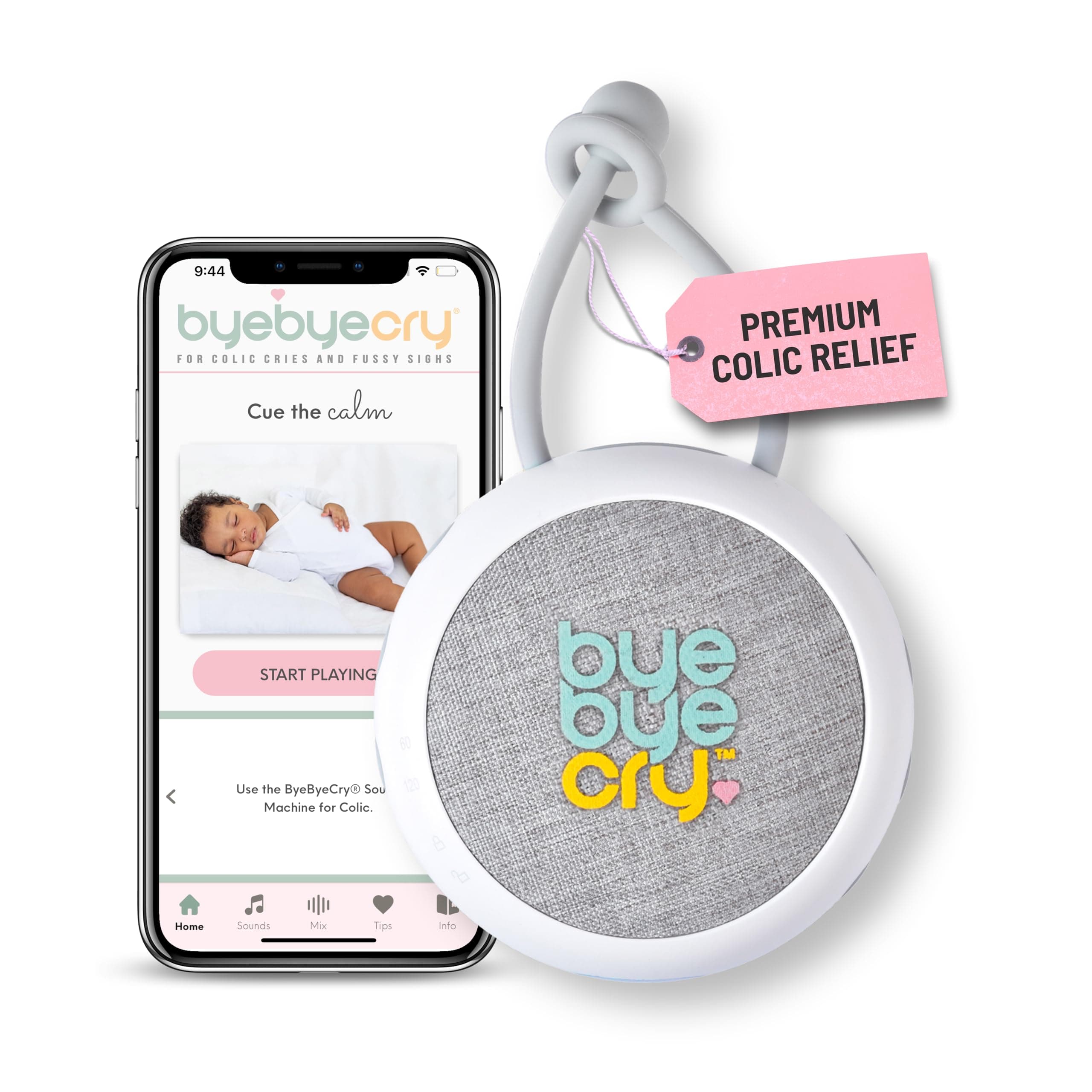 ByeByeCry Instant Colic Baby Relief Sound Machine, Pediatrician-Approved, Mom's Choice Award, Colic Specific Engineered Sounds, No Medicine Or Drops, Designed by Mom of Colicky Babies, Colic Calm