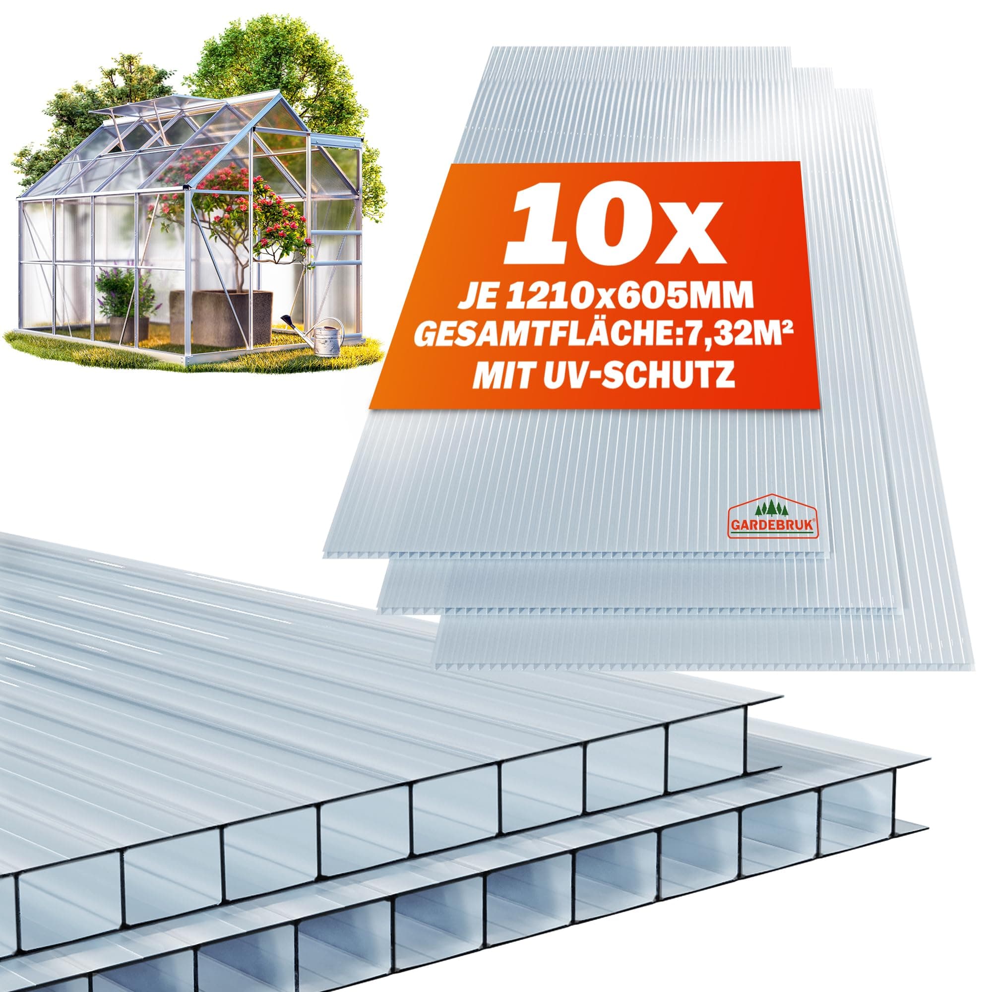 GARDEBRUK® 10 x Polycarbonate Sheets 6 mm 121 x 60.5 cm Cuttable 7.3 m² Transparent Roofs