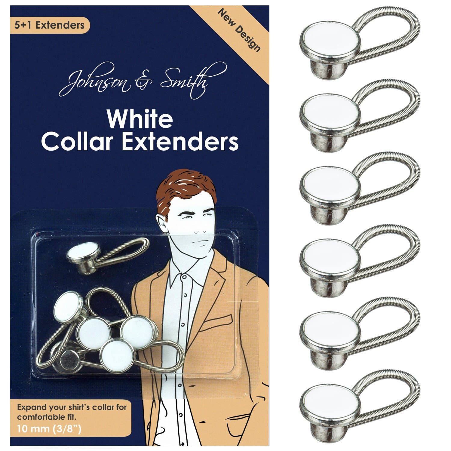 Johnson & Smith White Metal Collar Extenders Stretch Neck Extender for 1/2 Size Expansion of Men Dress Shirts, 5 +1 Pack, 3/8"