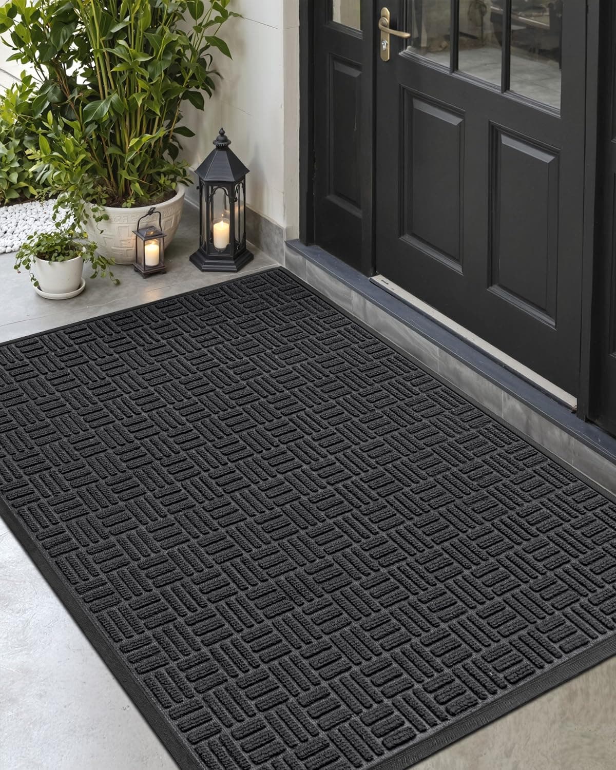 Front Door Mat Outside Entrance, 4x6 ft Large Rubber Entry Doormat Heavy Duty, Welcome Mats Non Slip for Inside House Floor Entryway Double Doors Exterior Patio, Maze Black