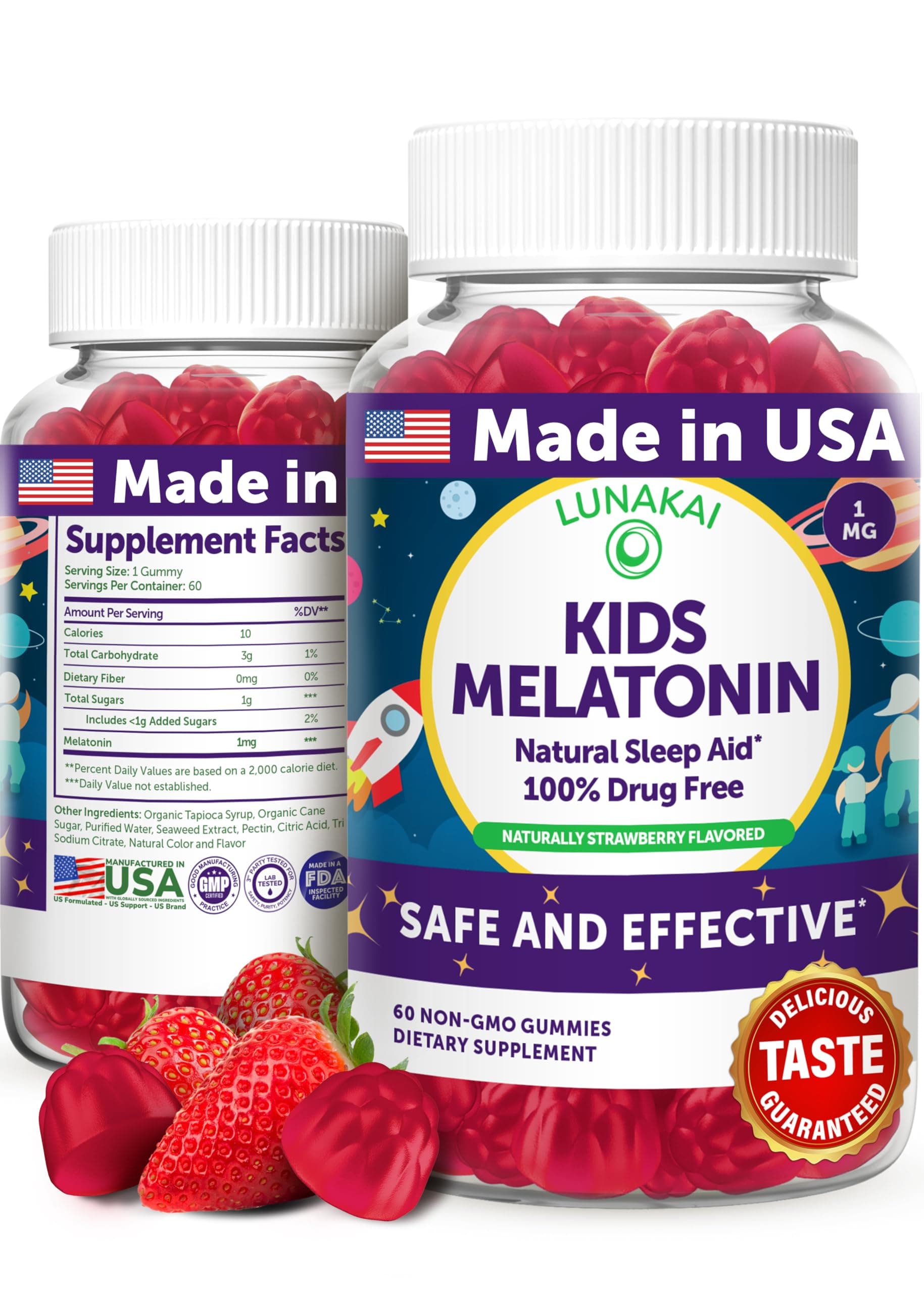 Lunakai USA Made Kids Melatonin Gummies 1mg - Safe & Natural Sleep Aid for Children 2+ - Non-GMO, Vegan, Gluten-Free - 60 Count