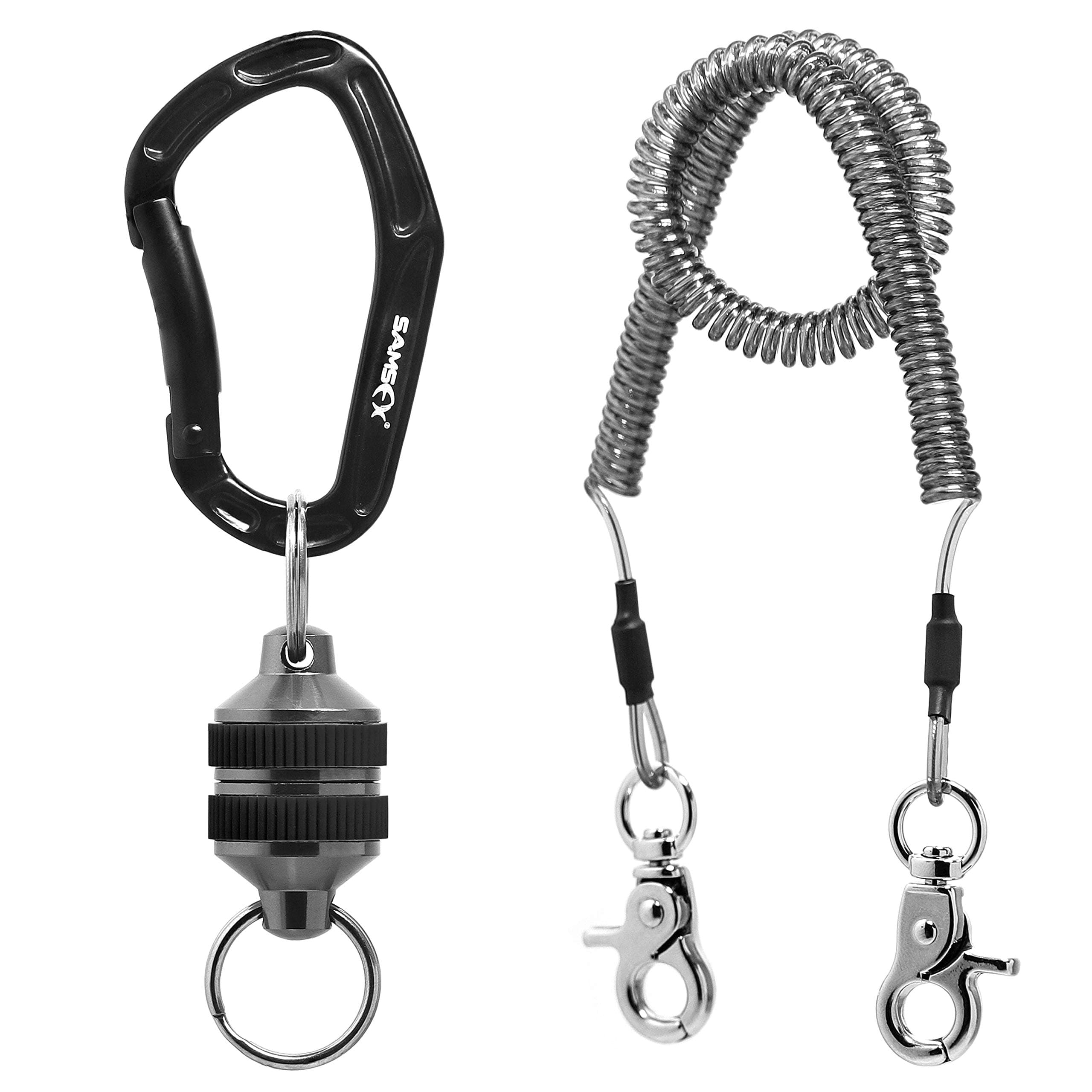 SAMSFXFly Fishing Magnetic Net Release Holder Keeper Magnet Clip Landing Net Connector with Coiled Lanyard for Cord Free Heavy Gear