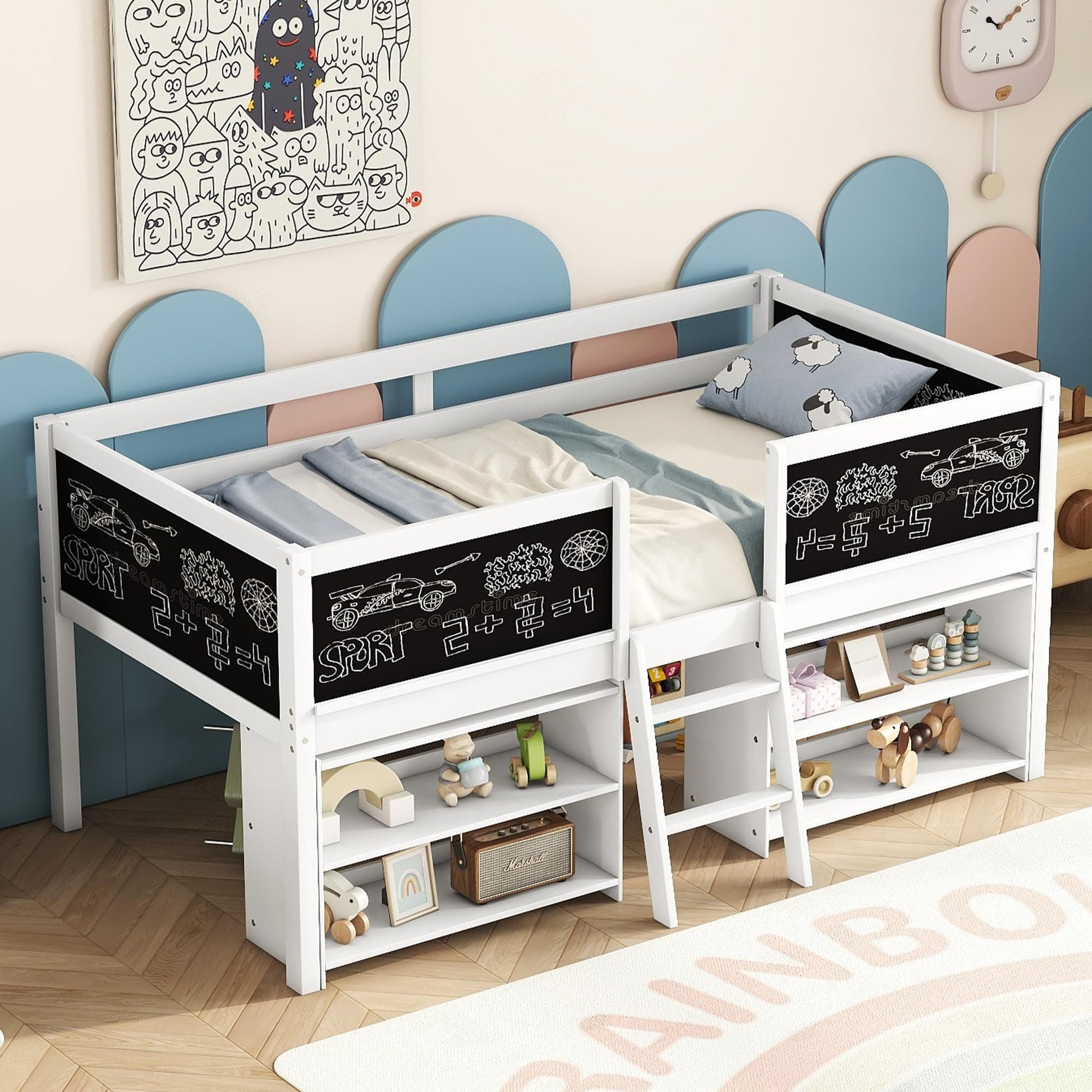 Twin Size Low loft Bed with Movable Shelves for Kids,Kids Low Loft Bed Frame with Guardrail Chalkboard and Storage,Solid Wood Loft Bed Twin for Boys,Girls (White)