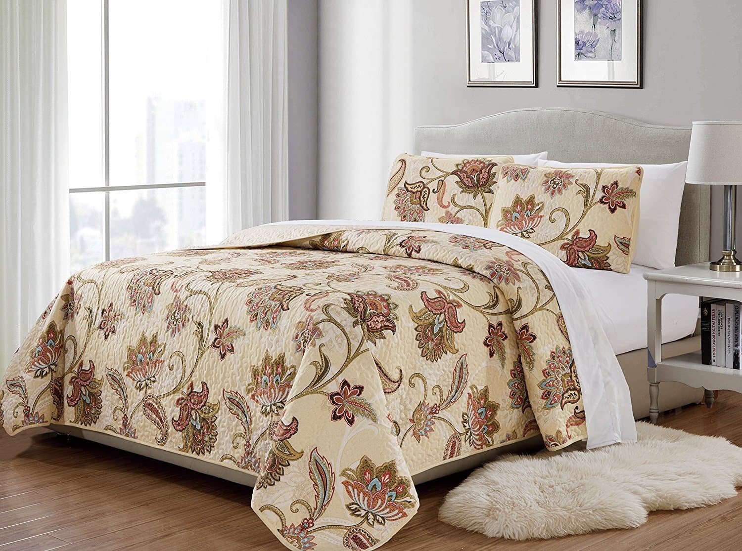 MK Home 2pc Twin/Twin Extra Long Bedspread Quilted Print Floral Beige Red Blue Taupe Over Size New # Jane