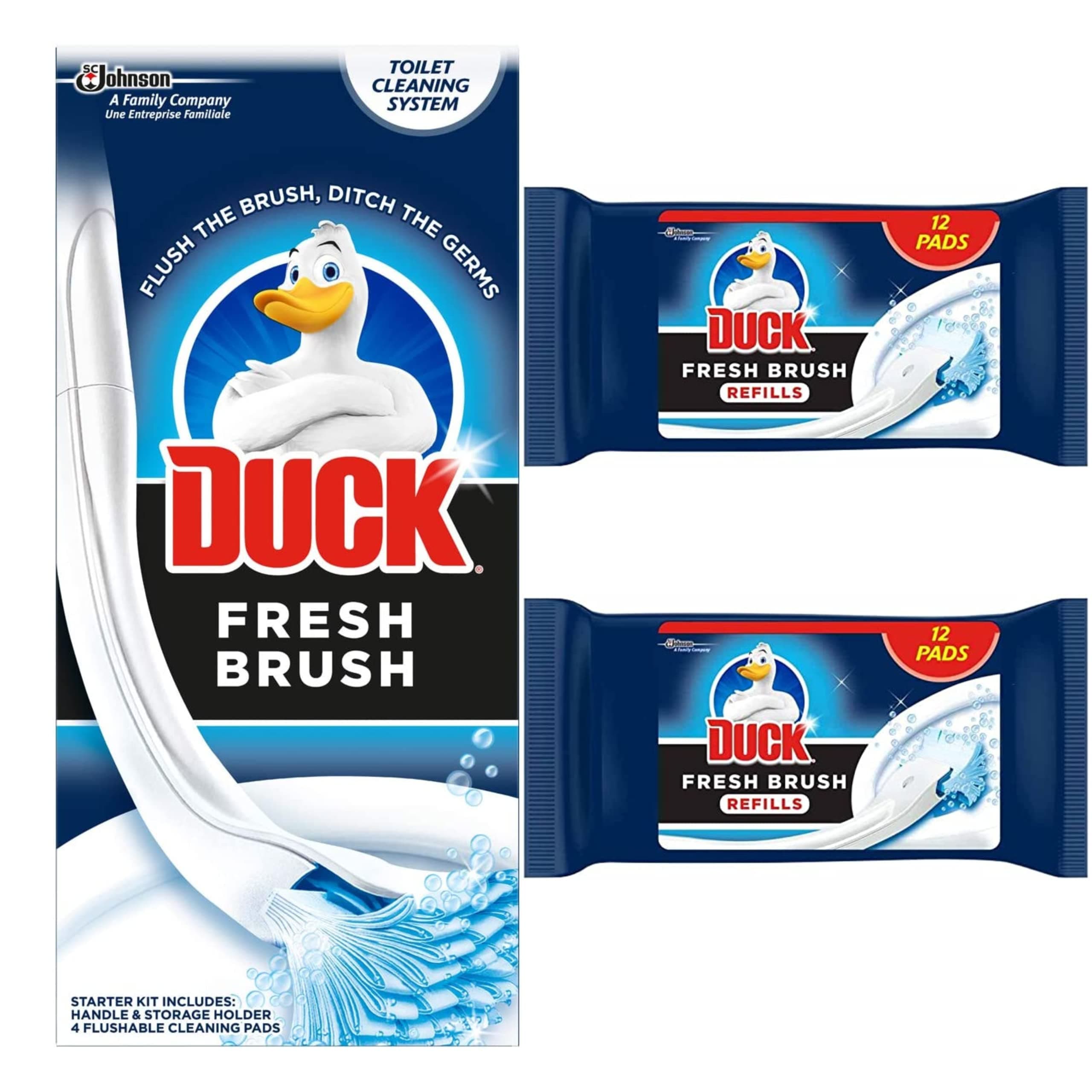 Toilet Cleaner Starter Kit Bundle Includes 1 Duck Fresh Brush With Holder and 24 Flushable Cleaning Duck Fresh Brush Refill Pads