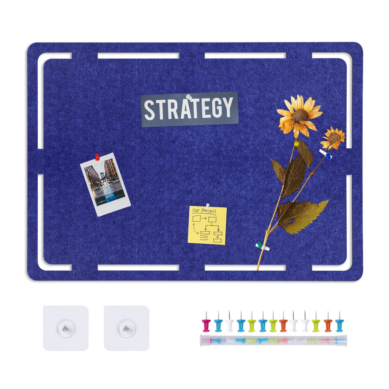 SEG Direct Bulletin Board, Large Felt Pin Board 79 x 56cm Self Adhesive Memo Notice Board with 20 Push Pins for Home Office Decor, Dark Blue