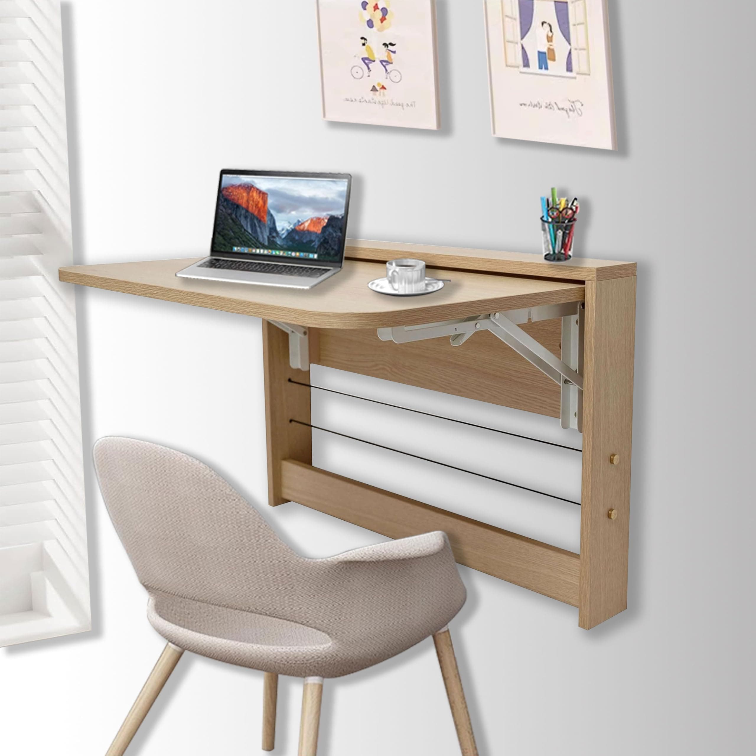 Folding Wall Table, Fold Down Table Wall Mounted, Floating Desk for Wall, Functional Hanging Desk for Home Office Workstation, Laundry Room, Kitchen Dining (24.8 * 16.3inch, Wood Color)