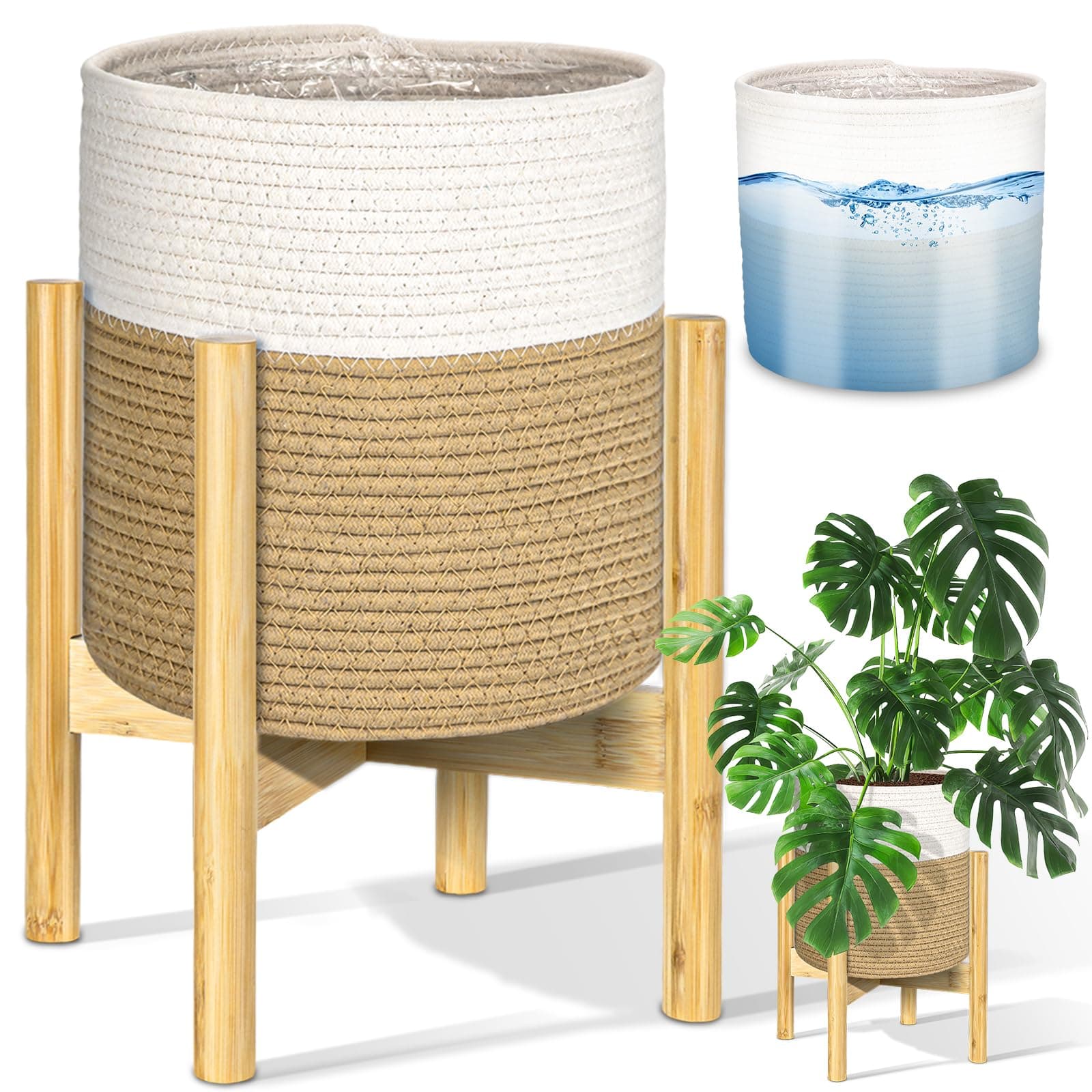 PAULINN Plant Basket with Stand 11" x 11", Woven Basket with Bamboo plant stand, For Indoor Plant, Fits Up to 10 Inch Plant Pots, White and Beige