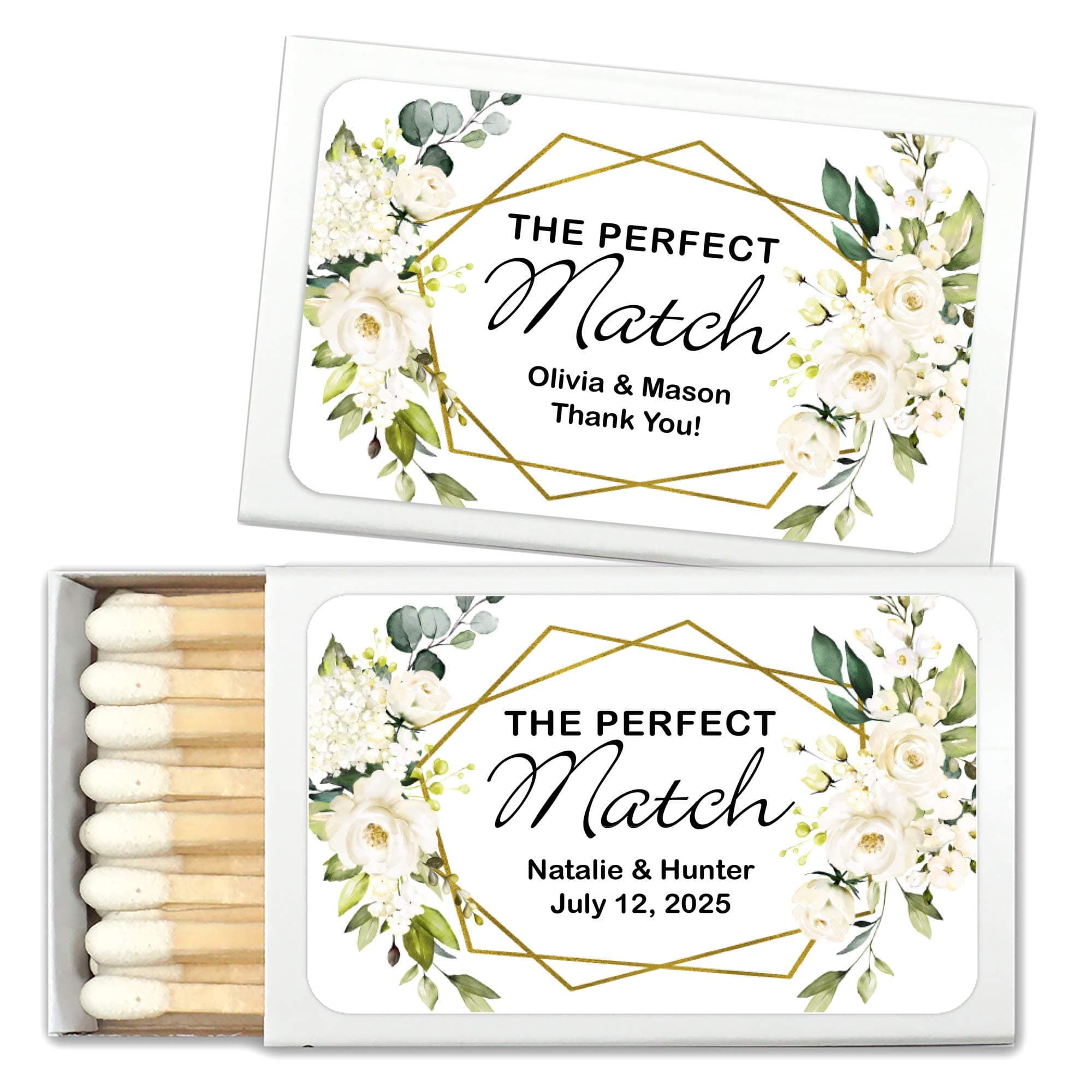 Geometric Floral Perfect Match Personalized Matches for Wedding Favors - Custom Wedding Matches (Set of 50 Matchboxes) (White Box)