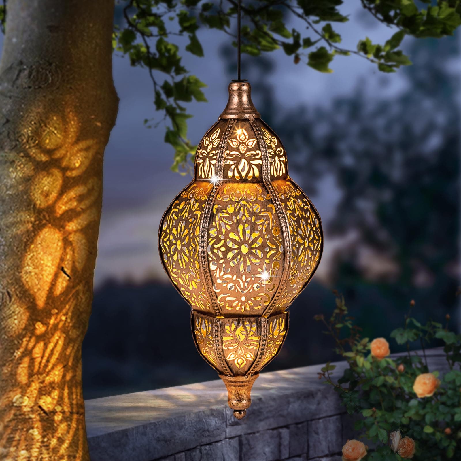 Moroccan Solar Lantern Outdoor Decor, Bohemian Style, Waterproof, Copper, LED, IPX4, Perfect for Garden, Patio, Yard, and Indoor Decorations