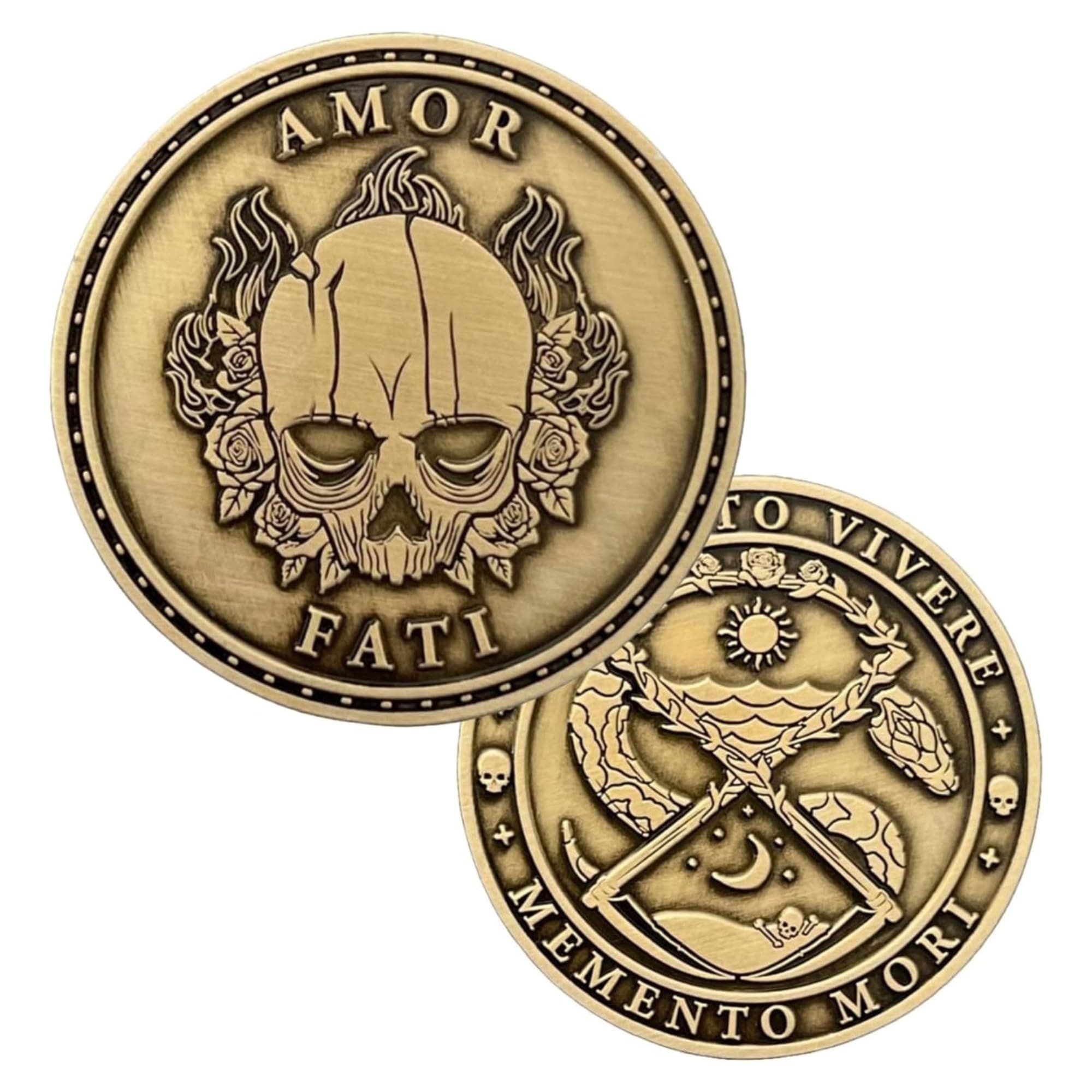 Stoic EDC Challenge Coin 1.75" - Memento Mori Skull and Amor Fati Design, Gold-Colored Zinc Alloy - Ideal Stoicism Gift for Men - Cool, Flipping Worry Coin