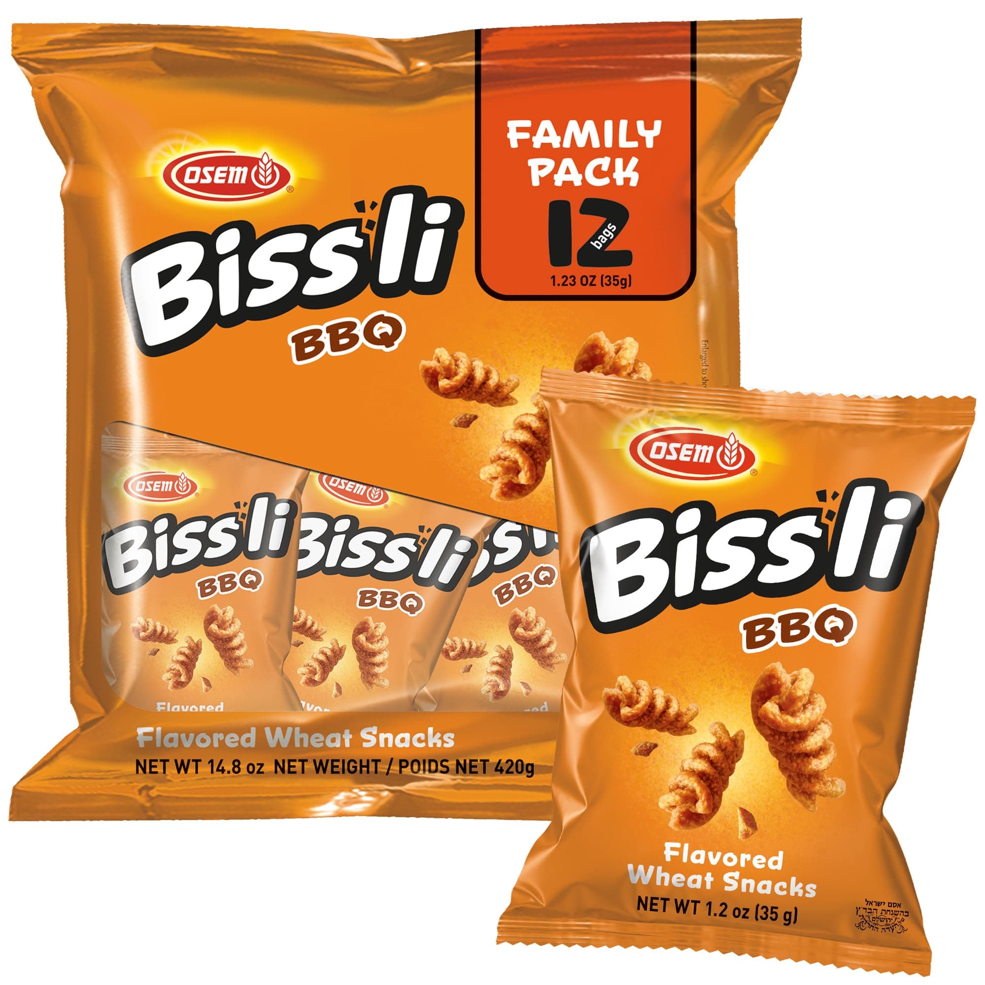 Bissli Crunchy BBQ Wheat Snack - Kosher, No Artificial Colors or Preservatives, Conveniently Packaged for On the Go Snacking, Lunch, and Parties - 1.23oz Bags (Pack of 12)