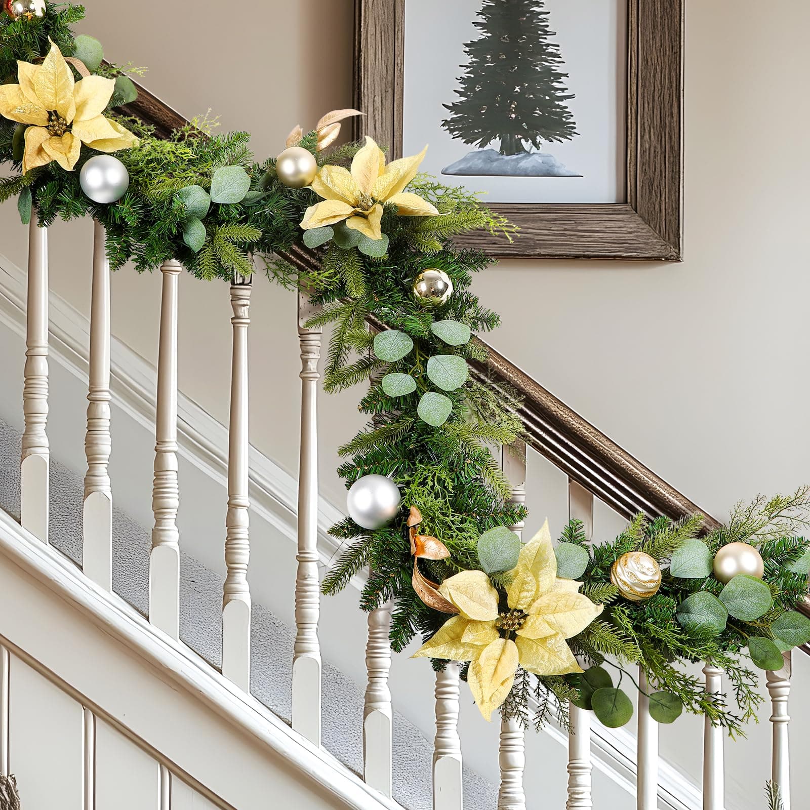 Alupssuc 6FT Christmas Garland with Gold Flowers, Balls and Eucalyptus Leaves Decorations, Realistic PVC & PE Material, Artificial Xmas Garland for Stairs, Fireplace, Door, Table Decor