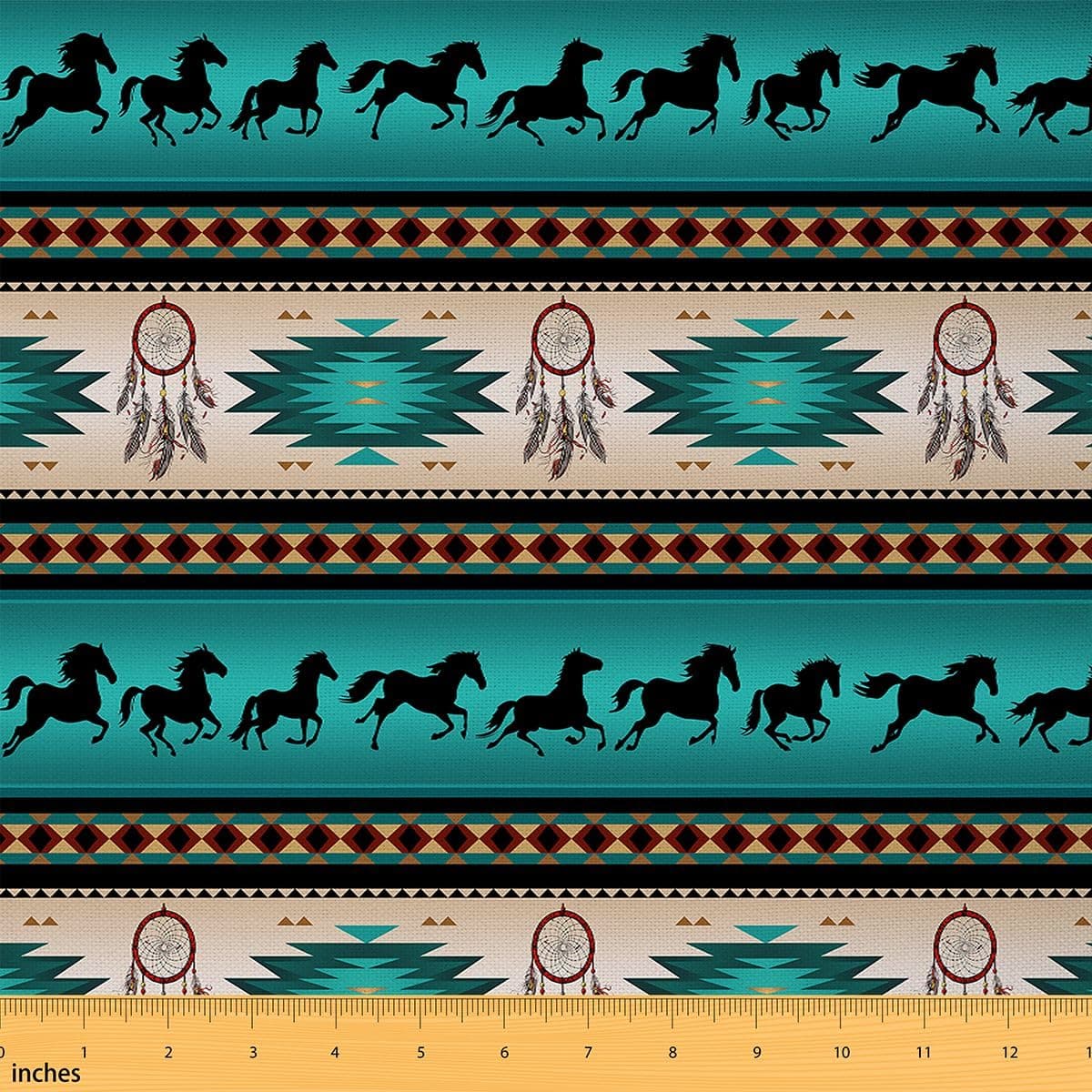 Horse Upholstery Fabric, Dream Catchers Fabric by The Yard for Cowboy Cowgirl, Southwestern Native Aztec Horses Decorative Fabric, Bohemian Tribe Farmhouse Wildlife Animal, Green, 1 Yard