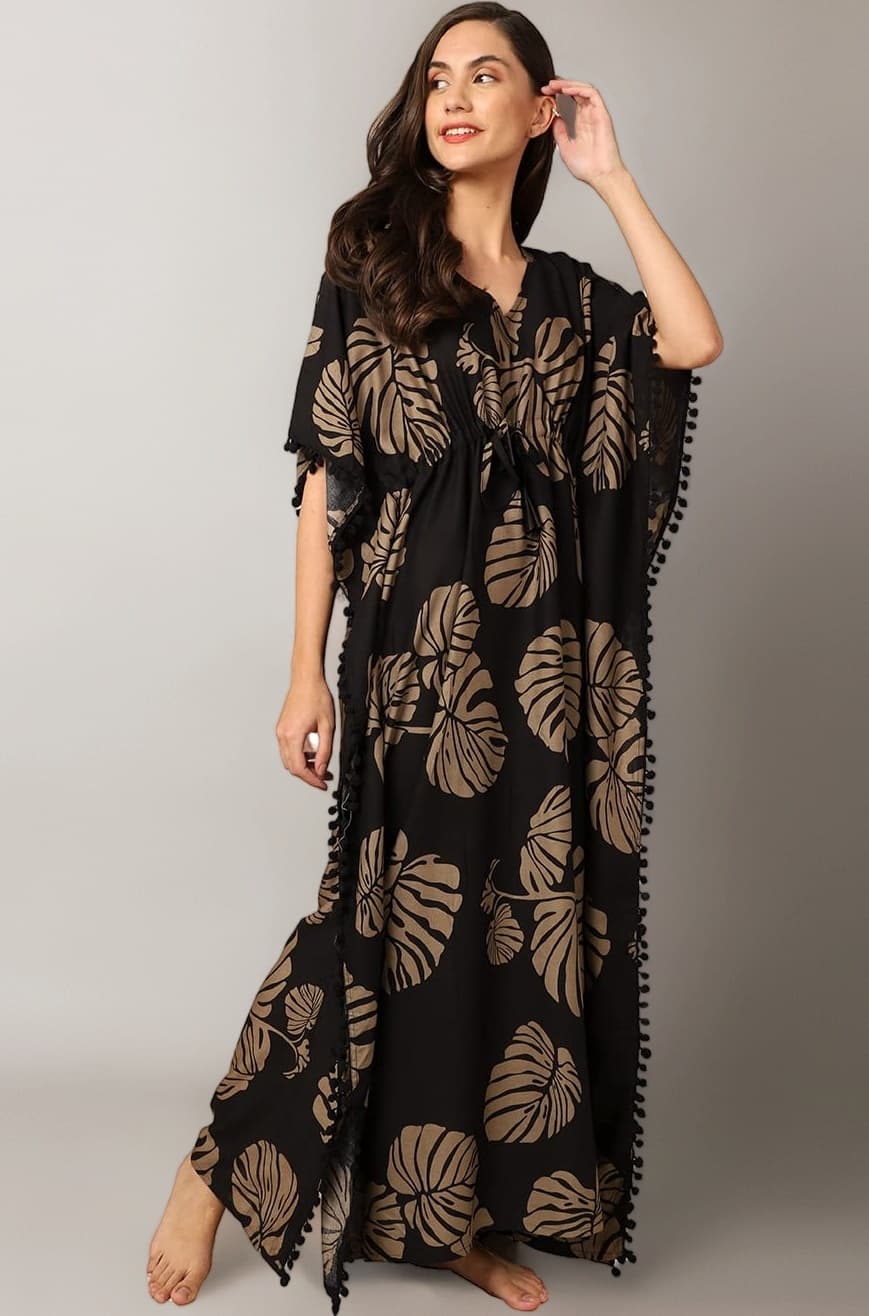 Black Printed Kaftan Maxi Nighty For Women/Viscose Rayon Kaftan