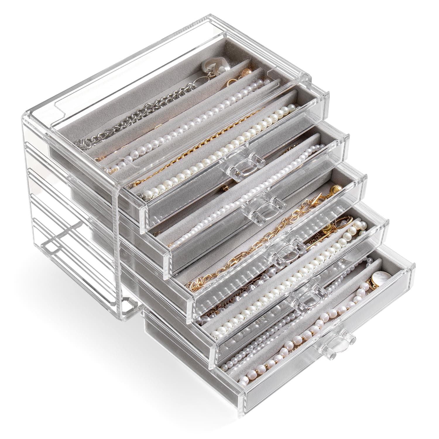 YUFONG Necklace Holder Organizer, Dustproof Necklace Box Velvet Necklace Organizer Box with Lid Clear Acrylic Dustproof Stackable Jewelry Displays for Necklaces Chain Display (Gray, 5 Drawer)
