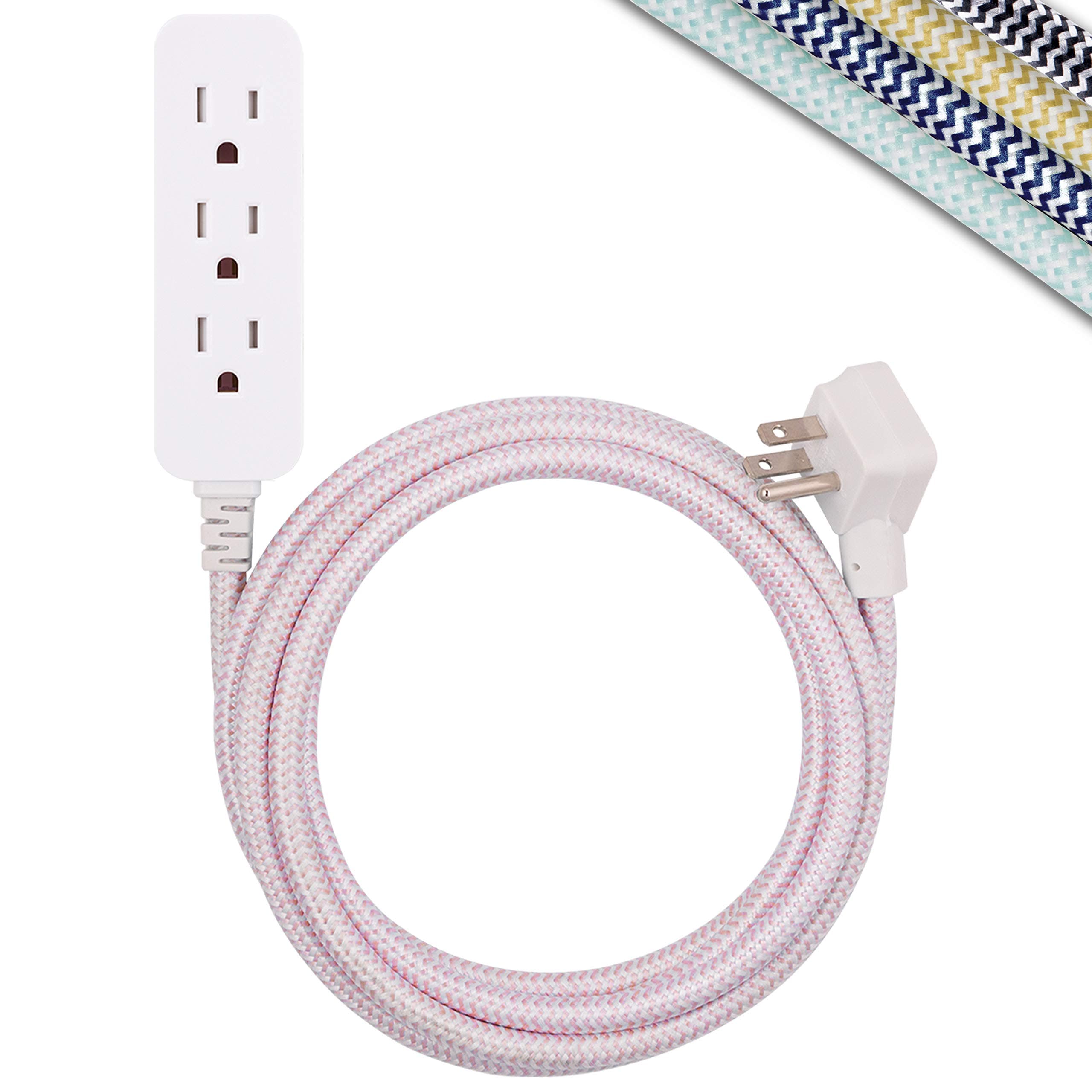 Cordinate Designer 3-Outlet Power Strip with Surge Protection, 10 Ft Braided Extension Cord, Tamper Resistant Safety Outlets, Low-Profile Flat Plug, UL Listed, White/Pink, 41887