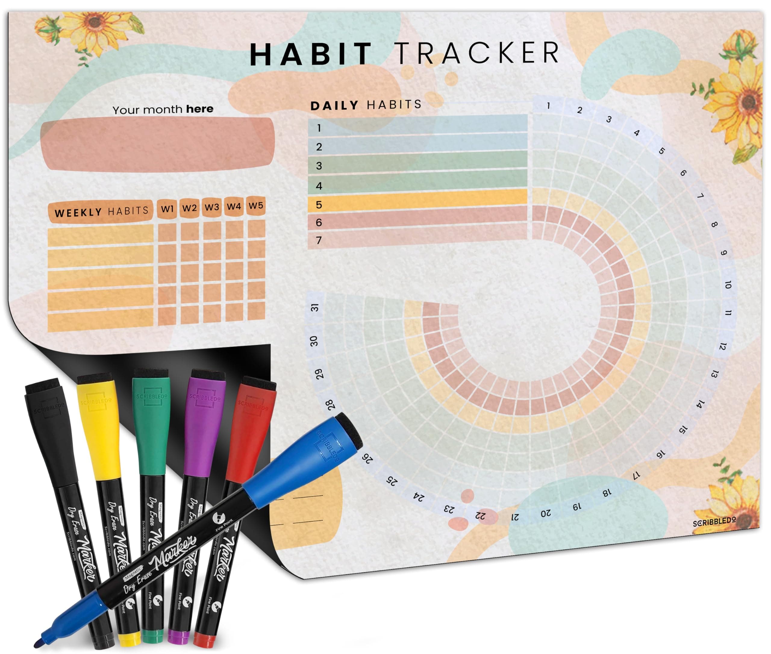 Habit Tracker Journal Workout Motivation Fridge Calendar Dry Erase 13” X 17” Magnet Health Fitness Goal Tracker Goals Board - With Shopping Grocery List - 6 Markers Included