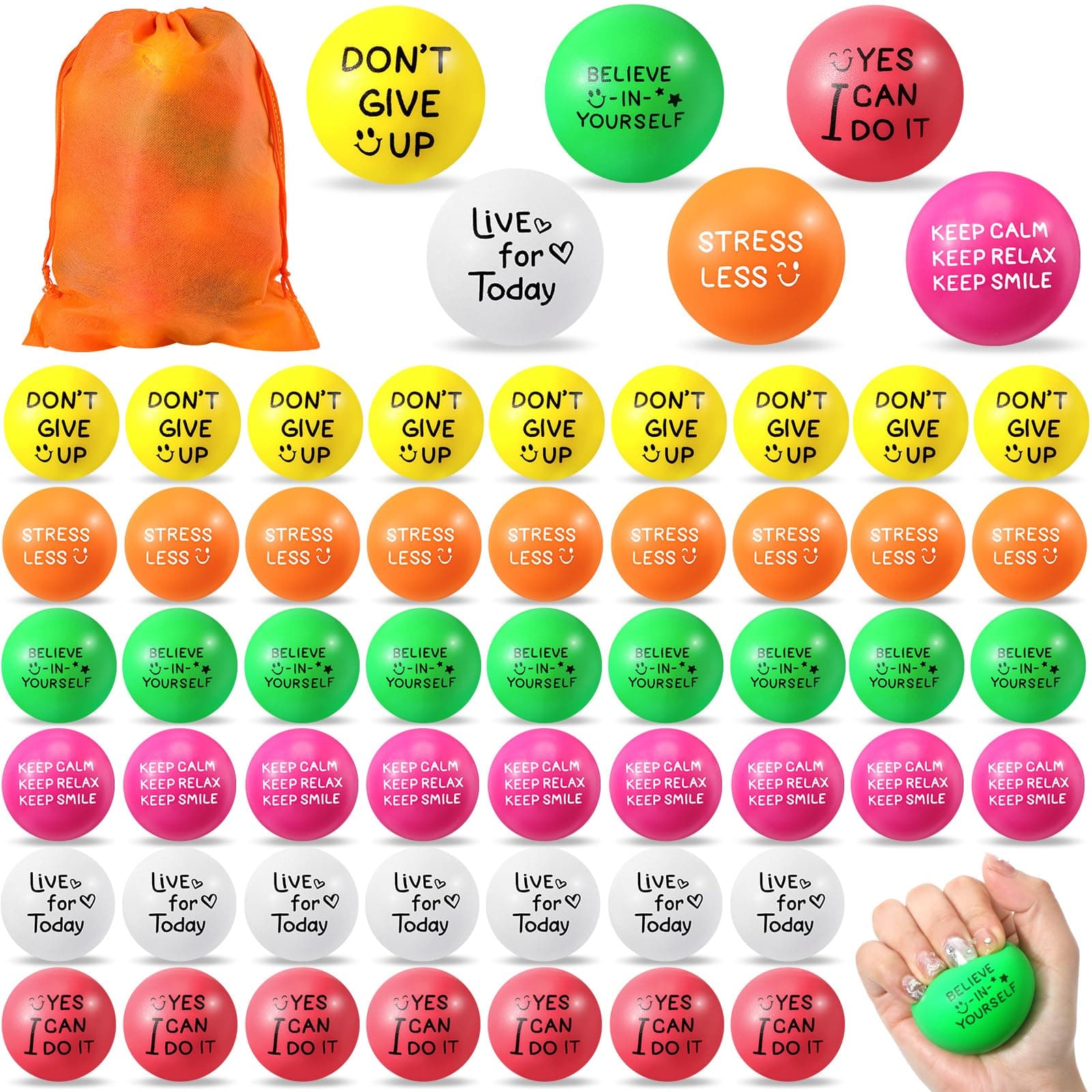 Shappy 100 Pcs Motivational Stress Balls Bulk 1.97 in Colorful Foam Stress Ball Inspirational Stress Relief Ball with Quotes Small Fidget Ball with Drawstring Bag for Anxiety Relief (Bright)