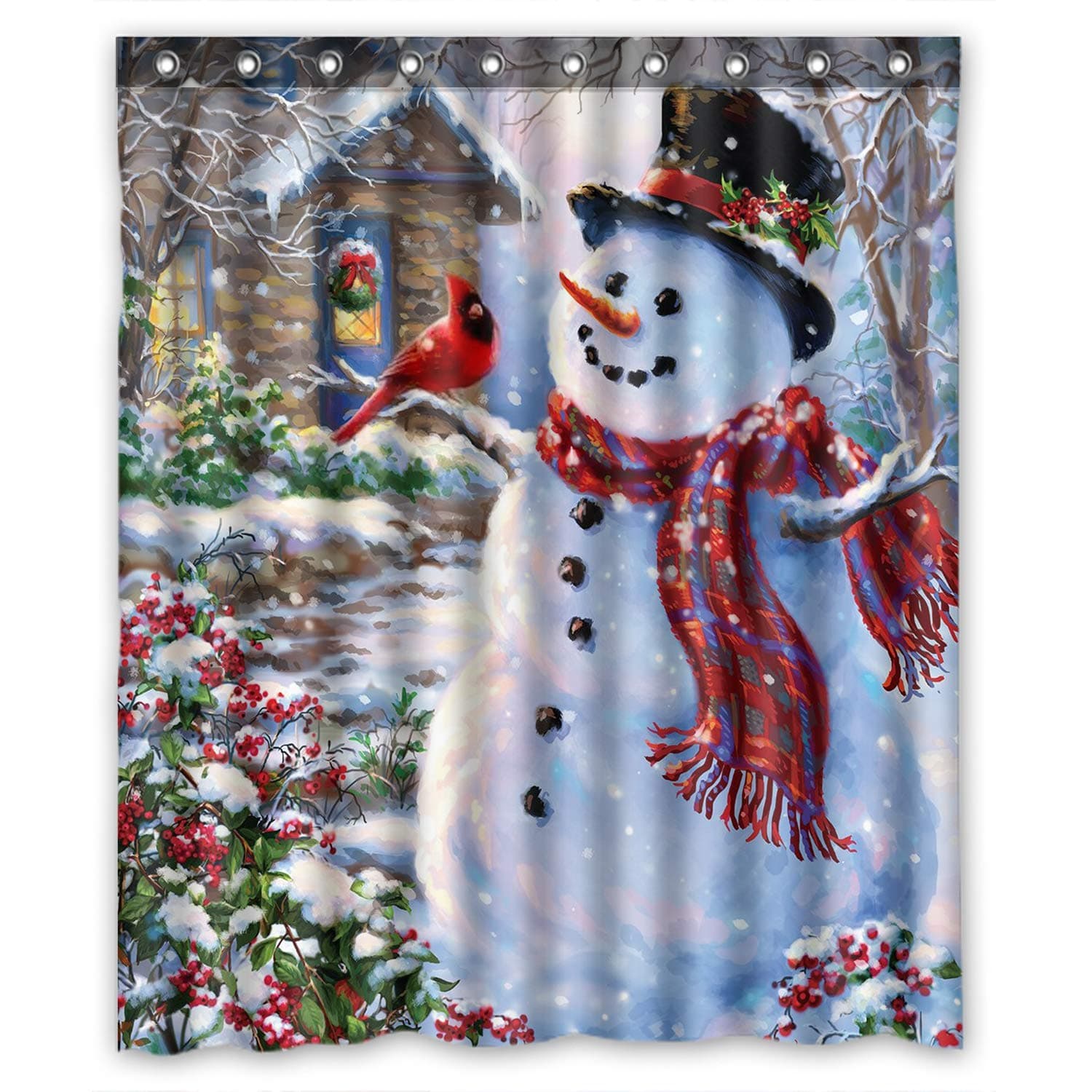 FMSHPON Happy Snowman and Cardinals Winter Holiday Merry Christmas Waterproof Polyester Fabric Shower Curtain 66x72 Inches