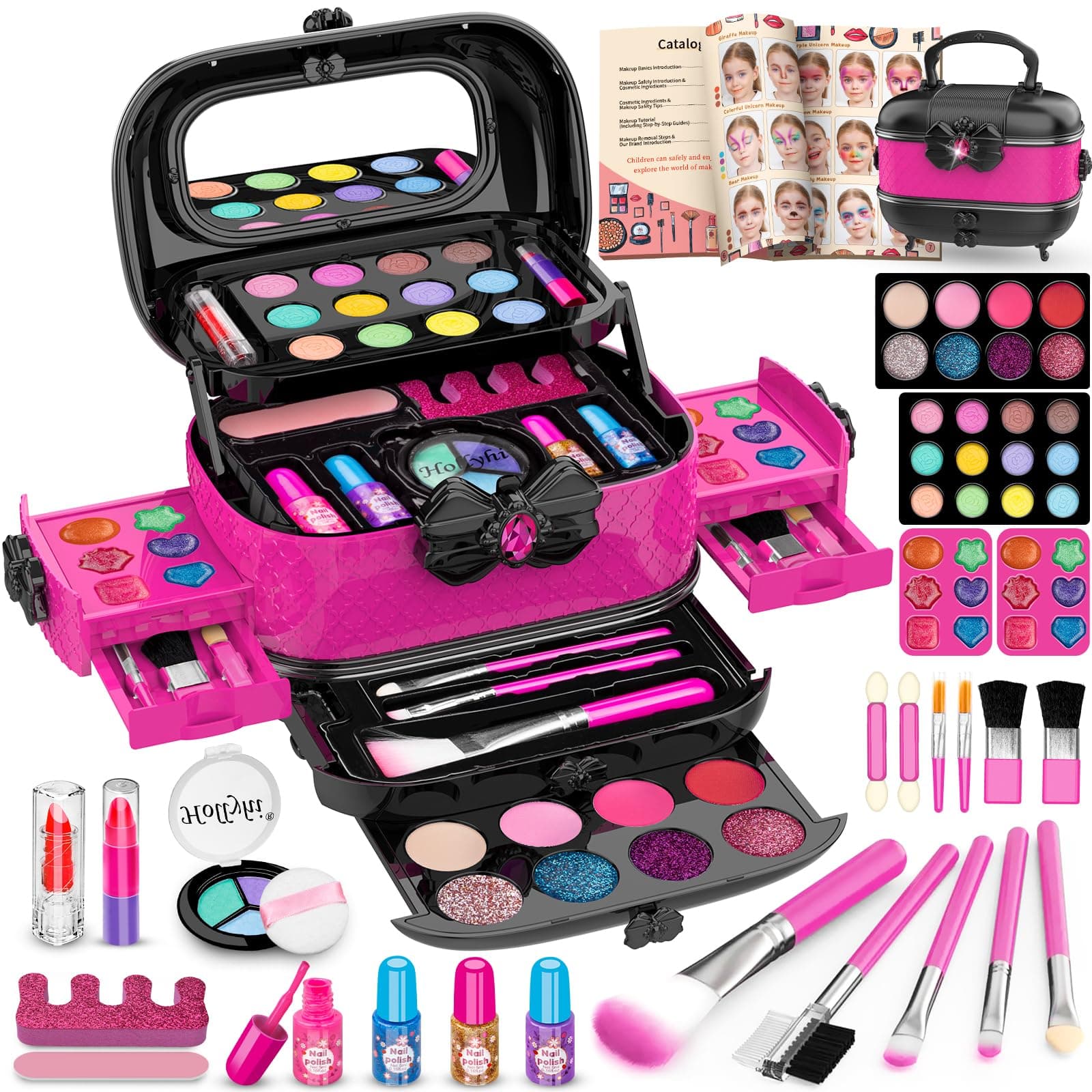 Hollyhi 41 Pcs Kids Makeup Toy Kit for Girls, Washable Makeup Set Toy with Real Cosmetic Case for Little Girl, Pretend Play Makeup Beauty Set Birthday Toys Gift for 3 4 5 6 7 8 9 10 Years Old Kid