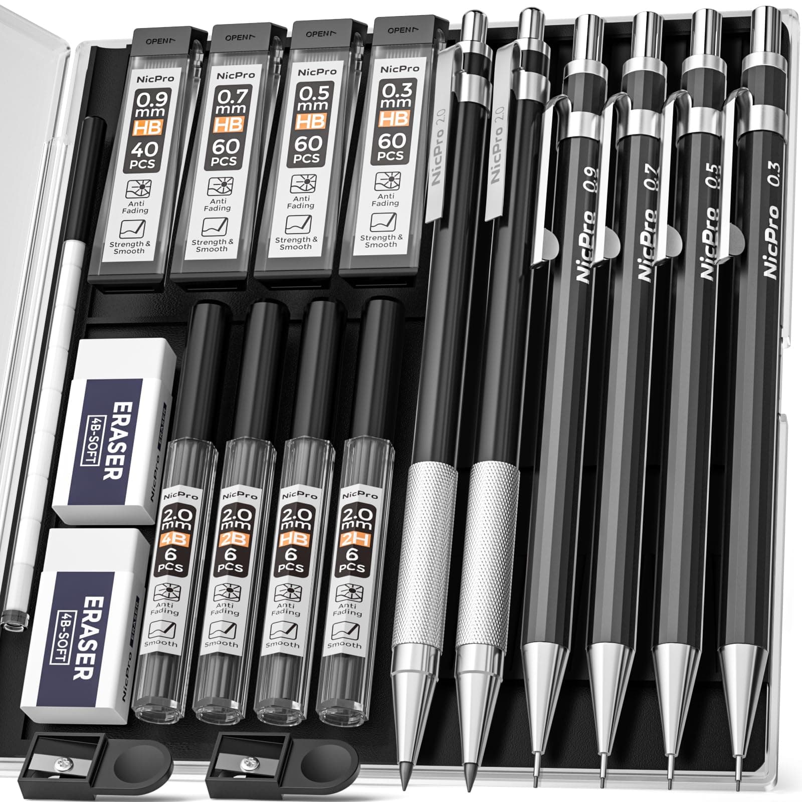 6 PCS Art Mechanical Pencils Set, Black Metal Drafting Pencil 0.3, 0.5, 0.7, 0.9 & 2mm Lead Refills(4B 2B HB 2H) For Writing Sketching With Case
