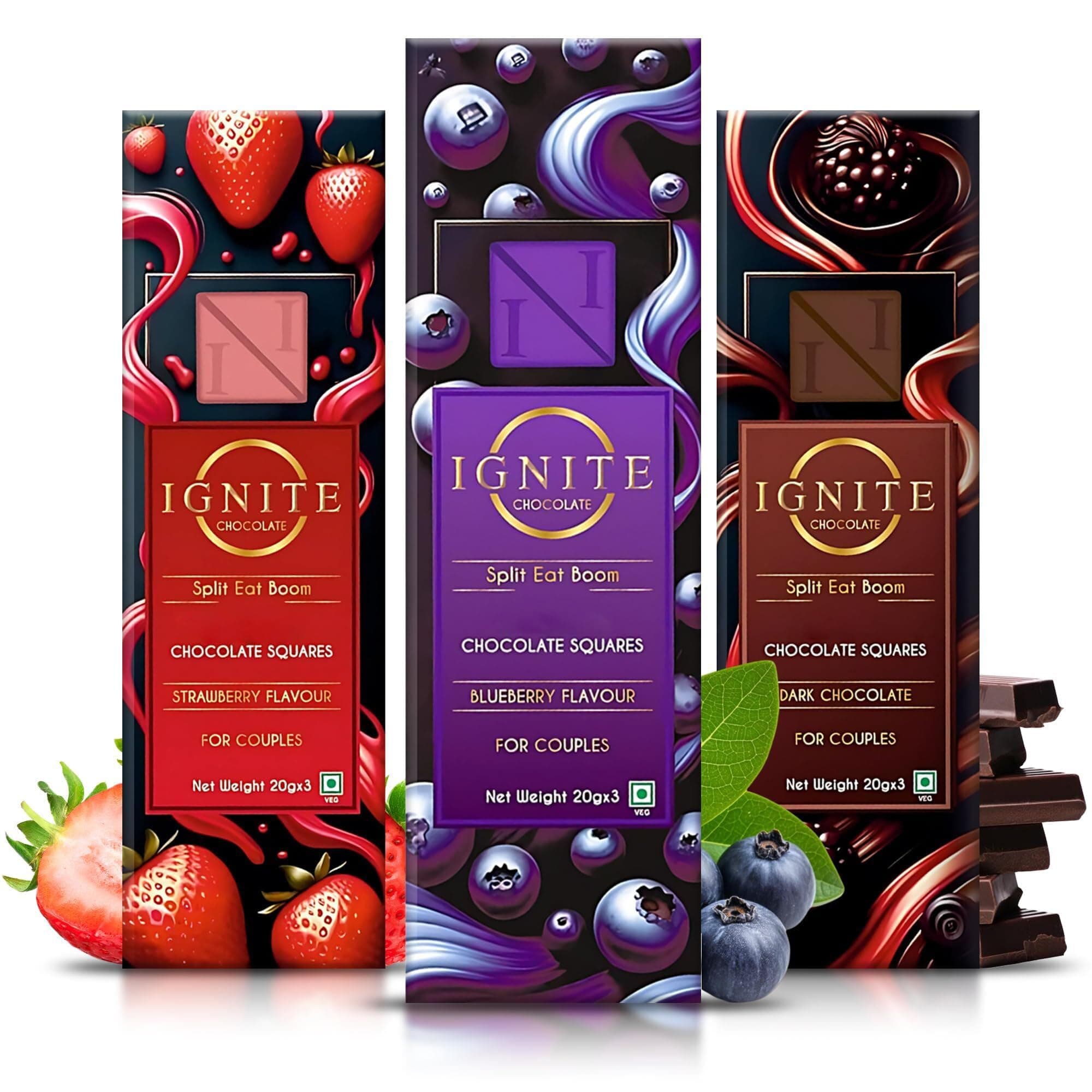 Ignite Chocolate Bars – Dark Chocolate, Blueberry & Strawberry Flavors – A Delicious Treat for Date Night, Valentine's & Special Moments – Ideal for Sharing