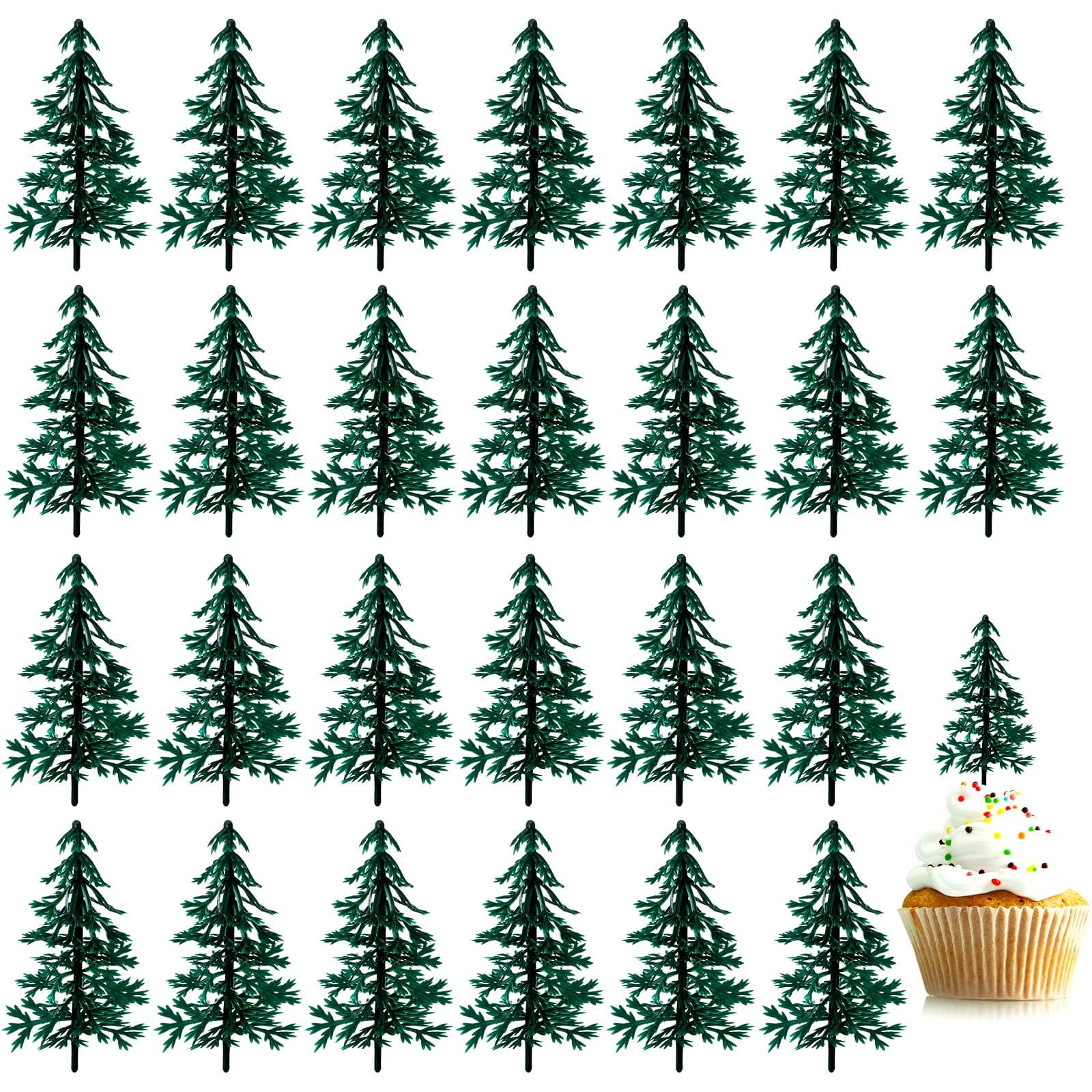 Queekay 50 Pcs Miniature Evergreen Trees for Cake Cupcake Decorating Camping Cupcake Topper Cake Decoration or Model, Sand Table Decoration, 3 Inches