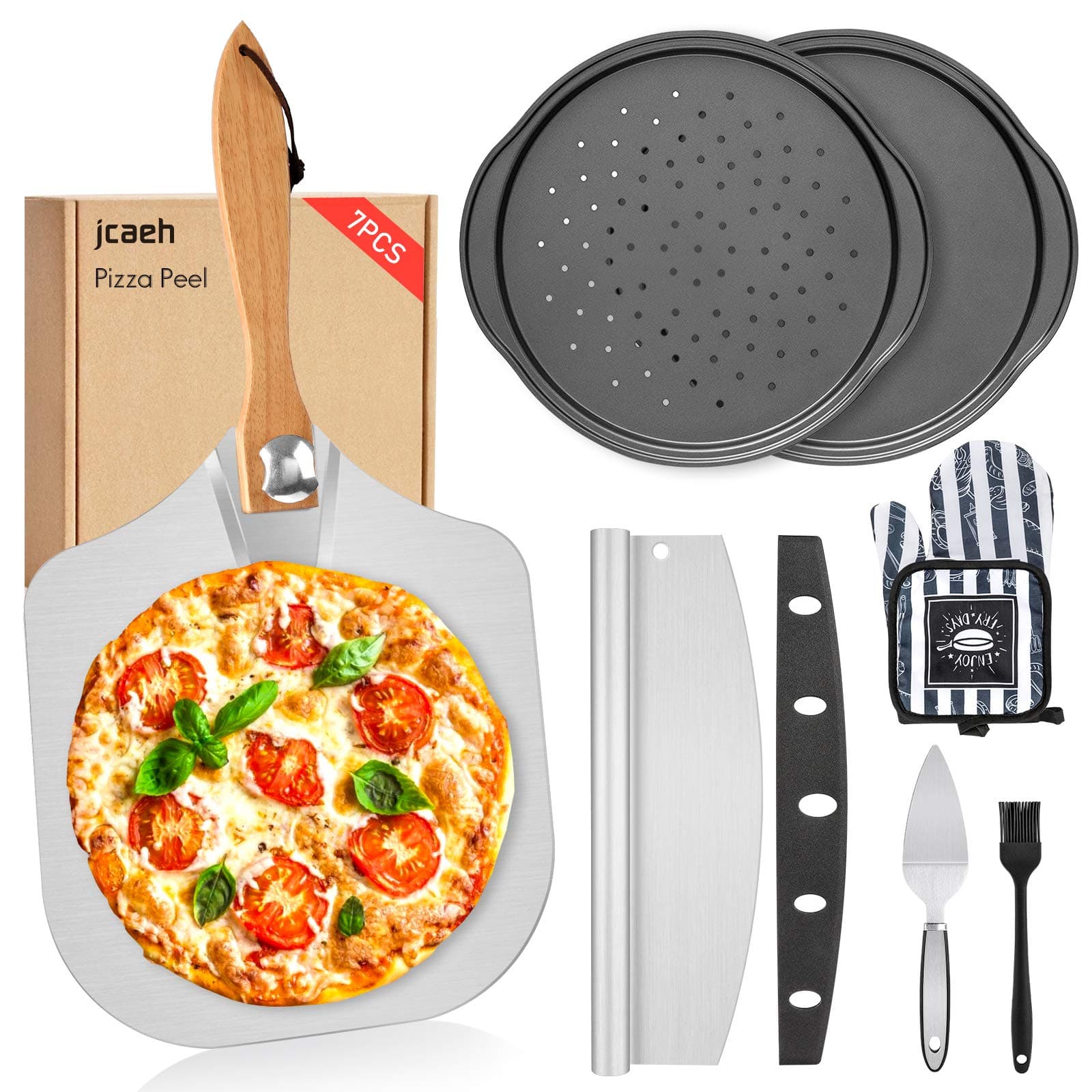 Pizza Peel Pizza Pan Set, 7Pcs Pizza Oven Accessories, 12 Inch Metal Paddle (12"x 14") with Foldable Wooden Handle, 2 Pizza Pans, Rocker Cutter, Pizza Server, Oven Mitts, Oil Brush
