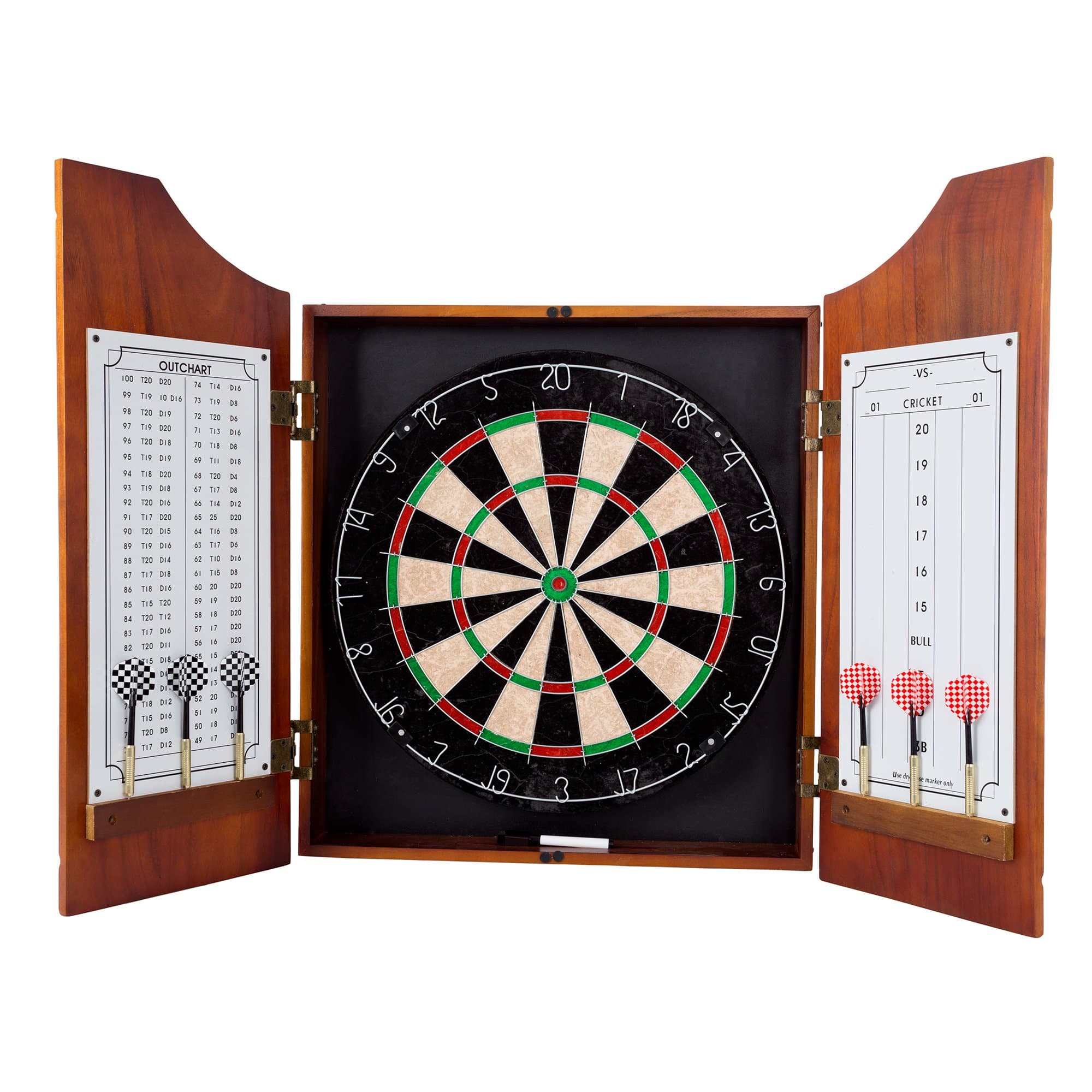 Dart Board Cabinet Set - Beveled Pine Wood Cabinet with Official Sisal Fiber Board, 6 Steel-Tipped Darts, and Dry Erase Scoreboard by Trademark Games