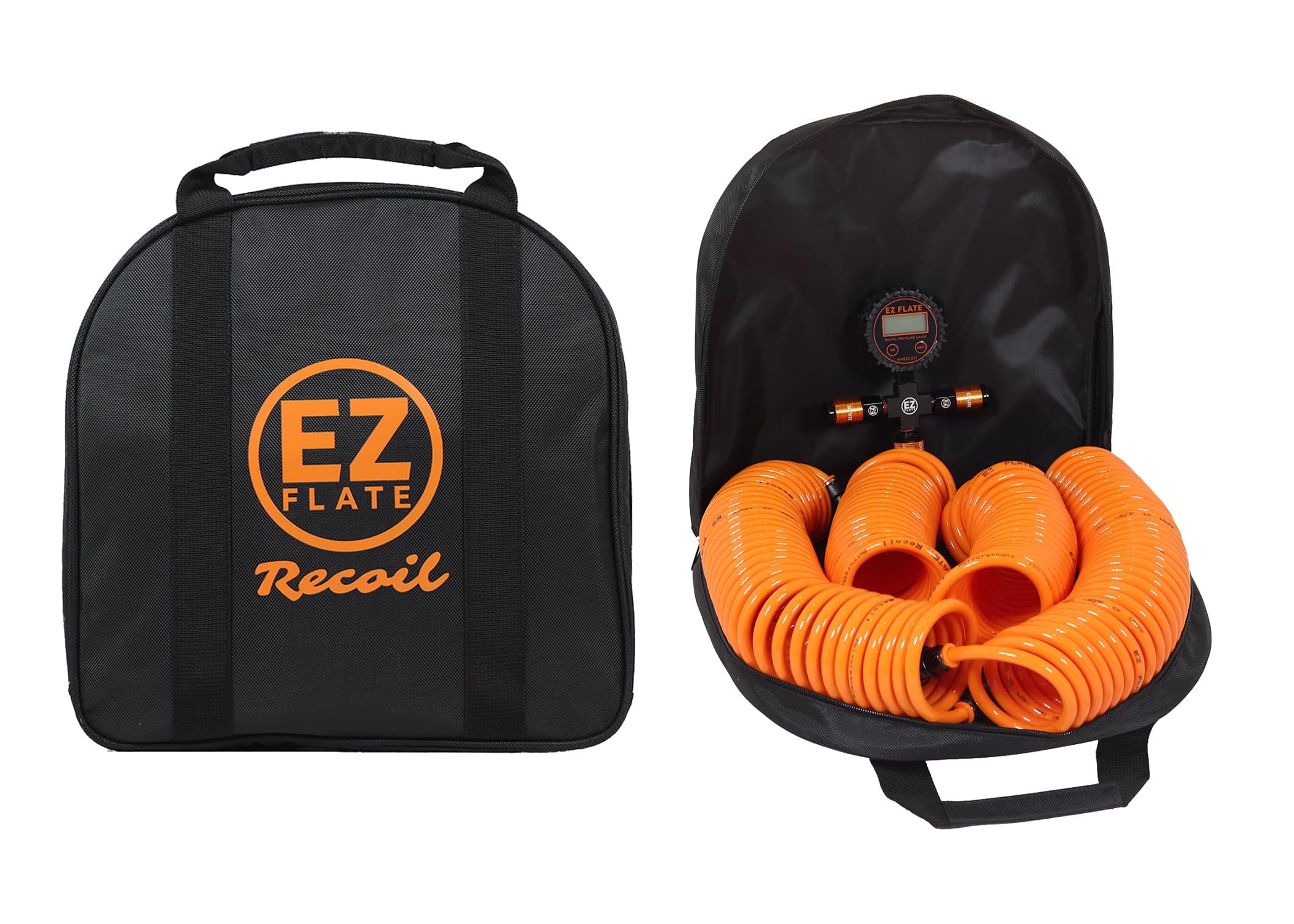 EZ FLATE 4 Tire Hose System | Heavy Duty | Truck or Car Tires | UTV Side By Side Tires | Fast Inflation | 4 Tires at Once | Auto Equalize | Quick Connest Air Chucks (Recoil Hose System)