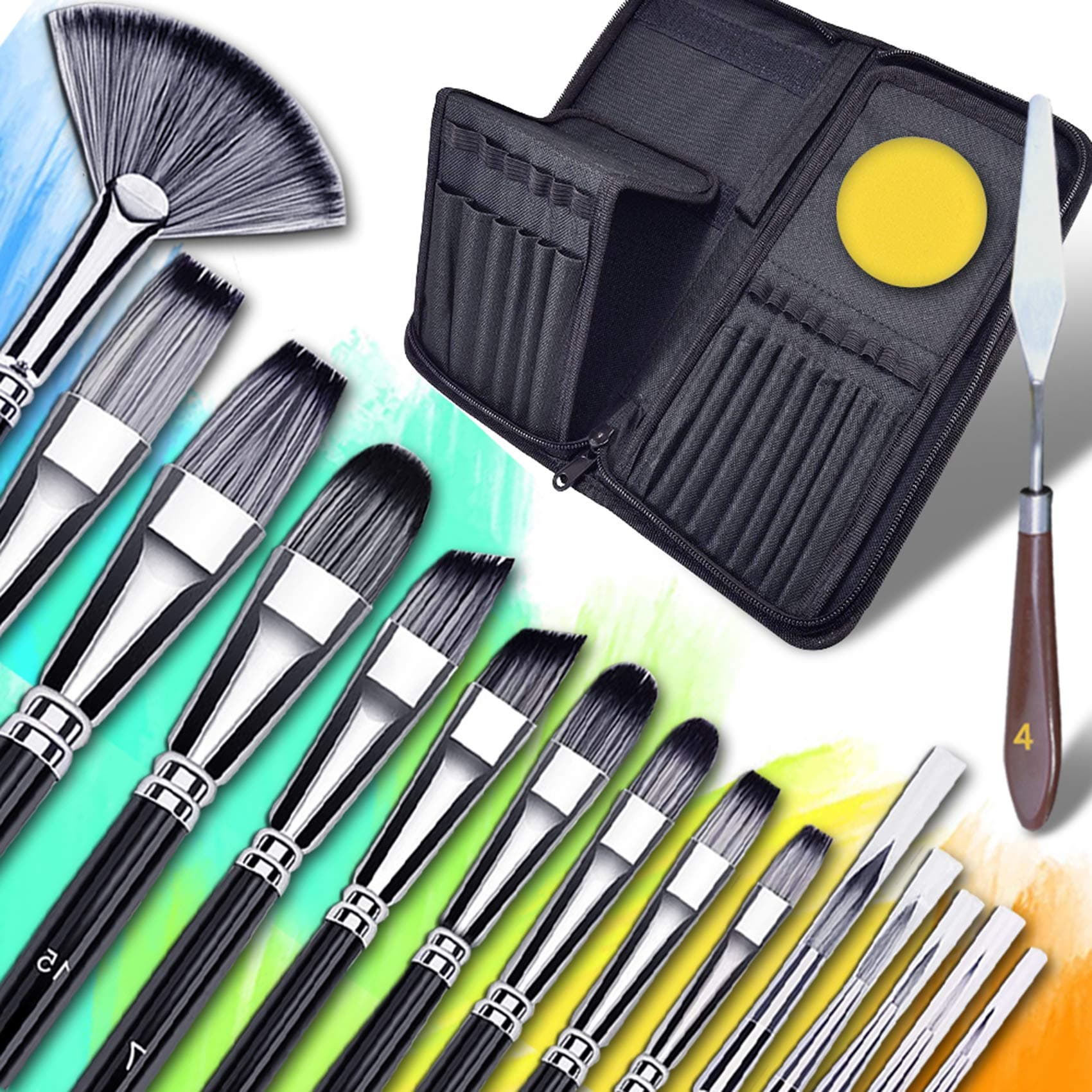 Hulameda 15ps- Artist Paint Brush Set for Acrylic Watercolor Oil Gouache Paint with Portable Carrying Case,Palette Knife, Sponge & Oil Paint Brush