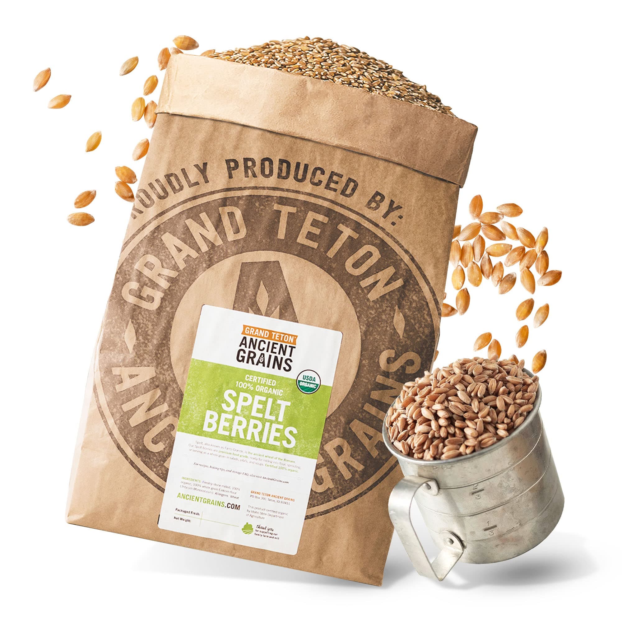 Grand Teton Ancient Grains - 100% Organic Spelt Berries, Whole Unmilled Spelt Berries, US-Grown Farro Organic Grain, Nutritious Baking Staple, Whole Grain Spelt in Brown Paper Bag, 25 lbs